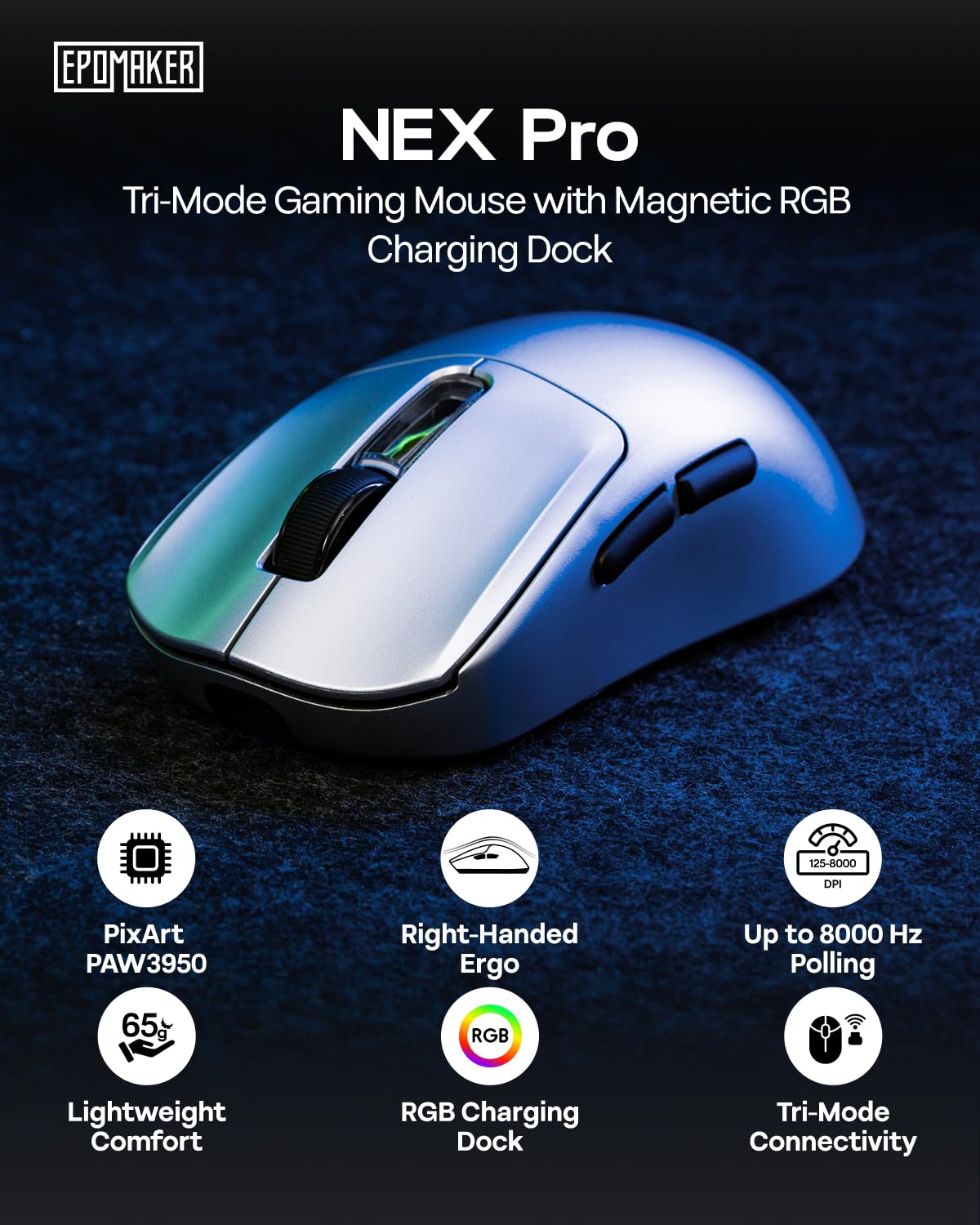 EPOMAKER NEX Pro Ratón Gaming Inalámbrico con Base de Carga RGB | Sensor PixArt PAW3950, 65g, Tasa de Sondeo de 8000Hz, 42K DPI, Tres Modos, Recargable y Software Online