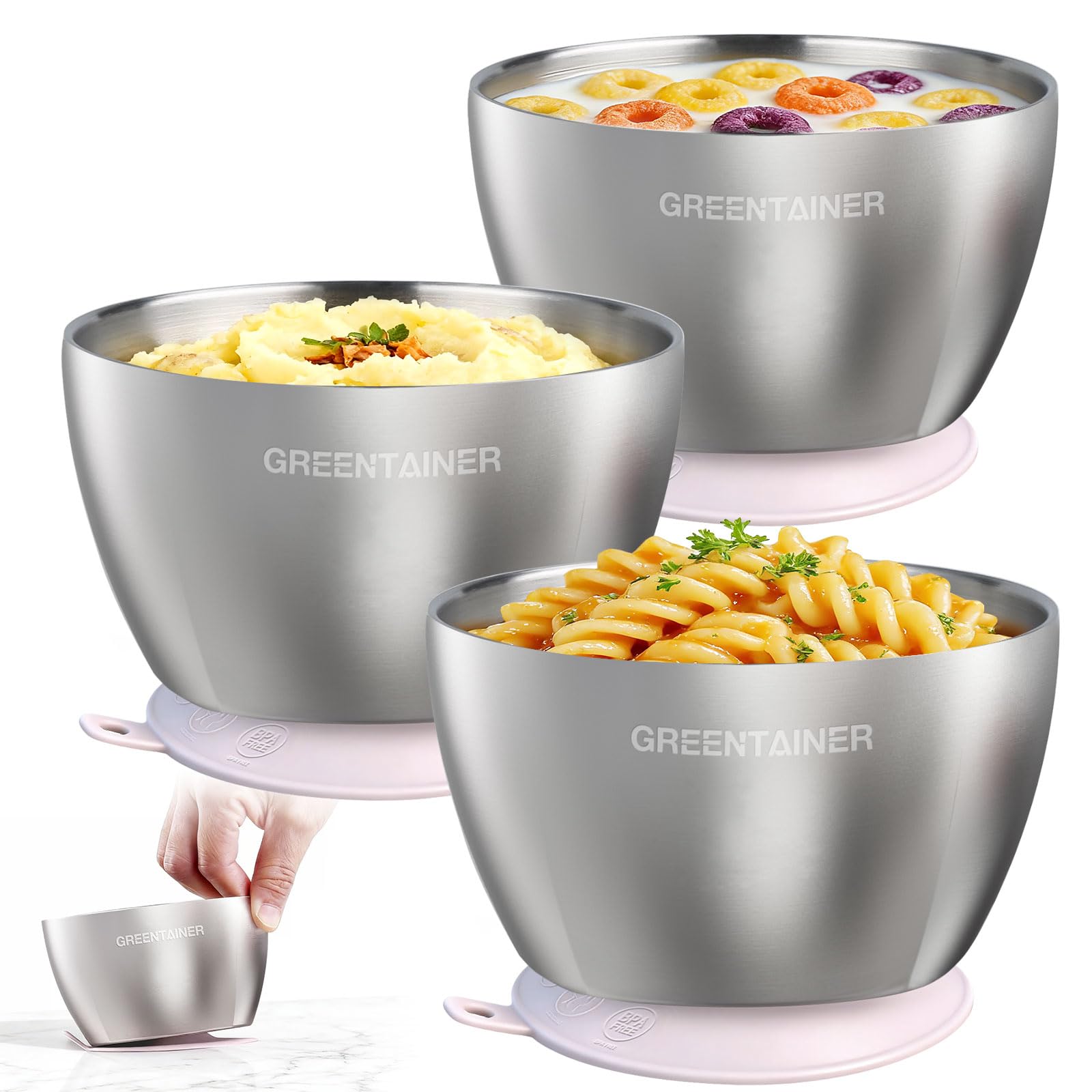 Greentainer 304 Stainless Steel Baby Bowl Set, Double-Wall Insulated & Unbreakable Toddler Bowls with Removable Silicone Suction Base, BPA-Free, Dishwasher Safe for Infant 6+ Months (Pink)