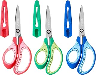 7" Real Left Handed Kids Scissors for 8-12, Pointed Tip with Cover | Ergonomic non-slip colorful ABS handles,stainless steel blades for classroom, homeschool and craft DIY use,3 Pack