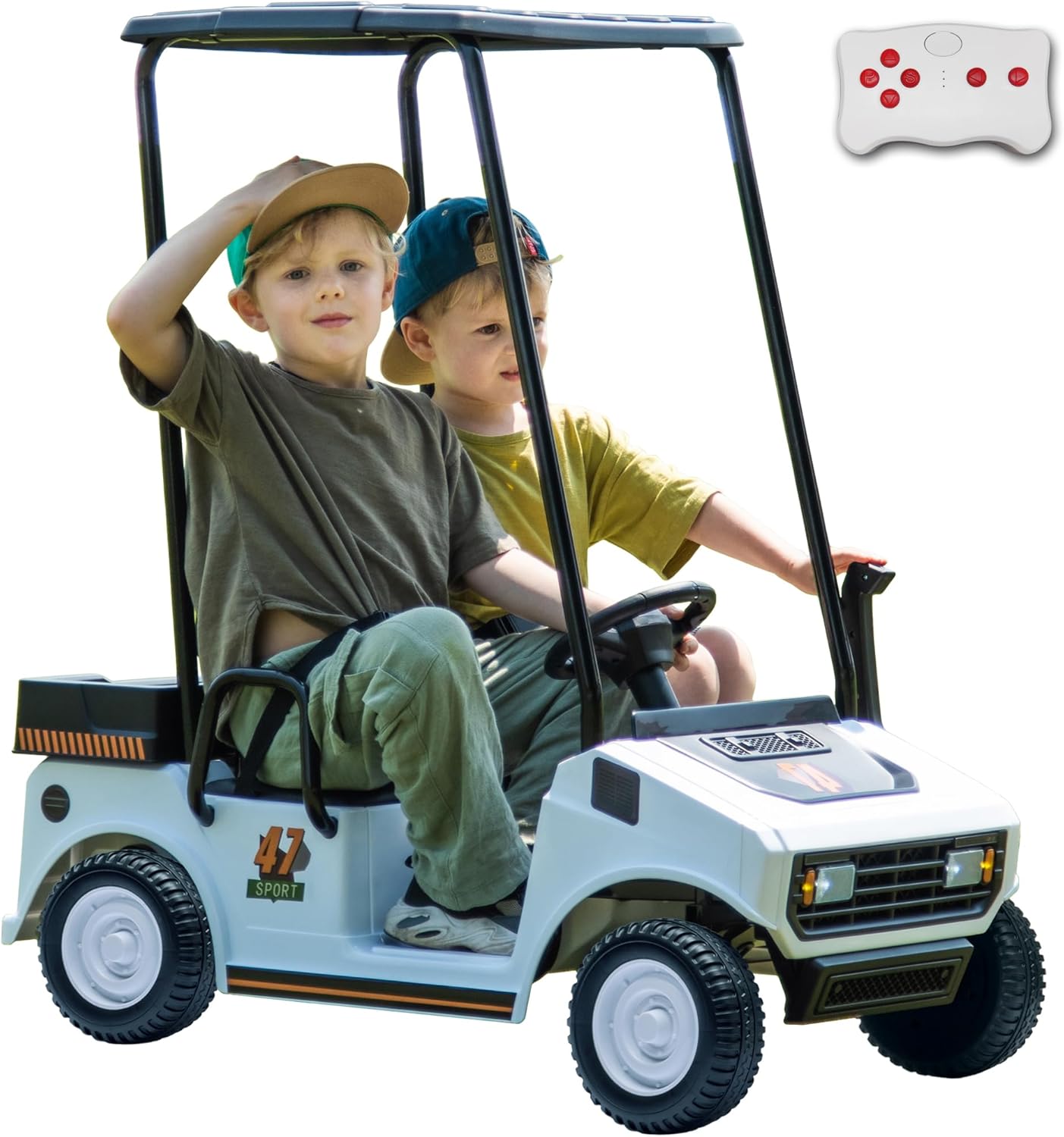 sopbost 2 Seater Ride On Car with Remote Control 2WD 12V Electric Mini Golf Cart for Kids Boys Girls Age 3-5, Bluetooth, Plastic Roof, Rear Storage Box - White