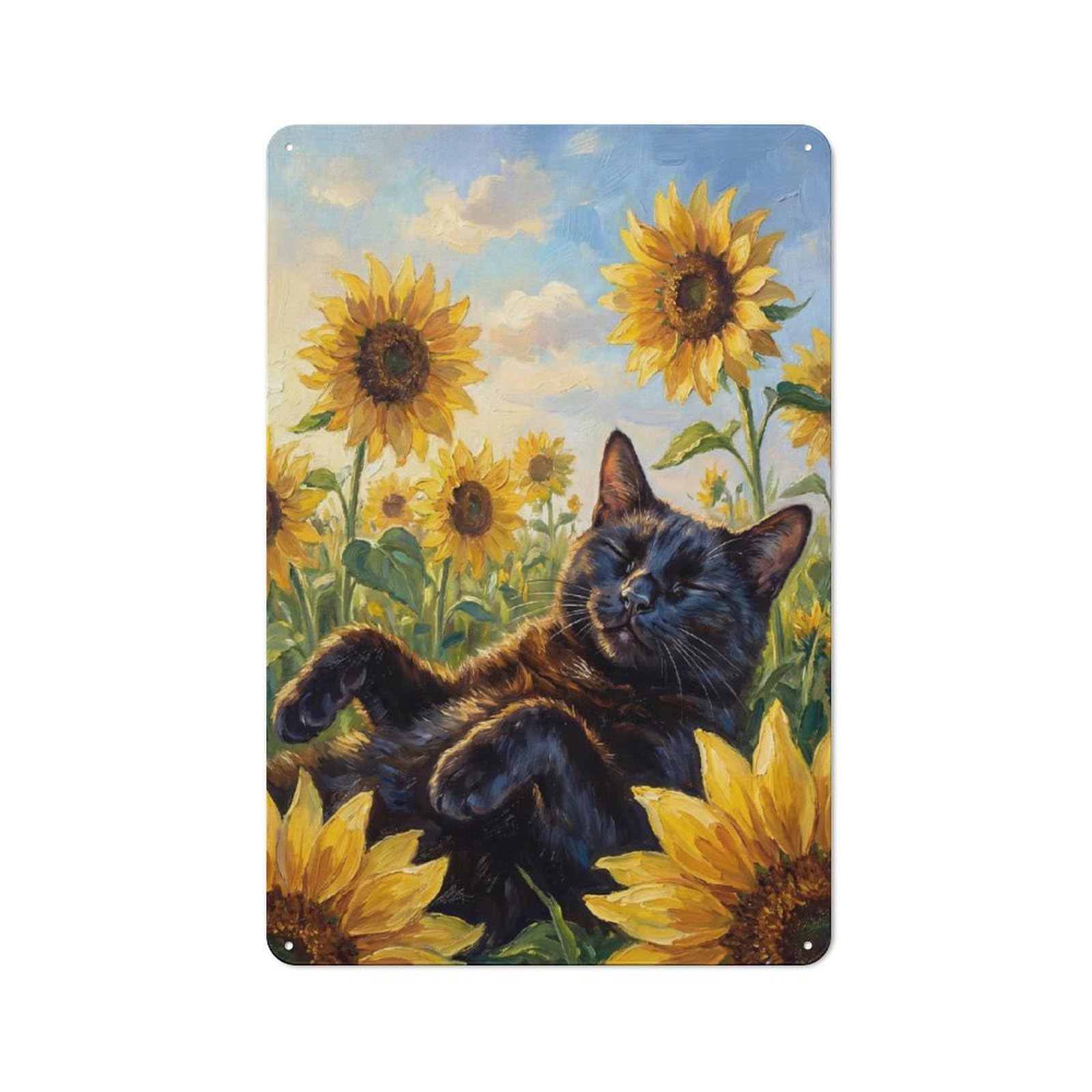 Junmoney Style-24 Classic Black Cat In Sunflowers Metal Wall Sign 30X20cm, Pub Wall Decor For Diner, Restaurant, Shed Or Kitchen