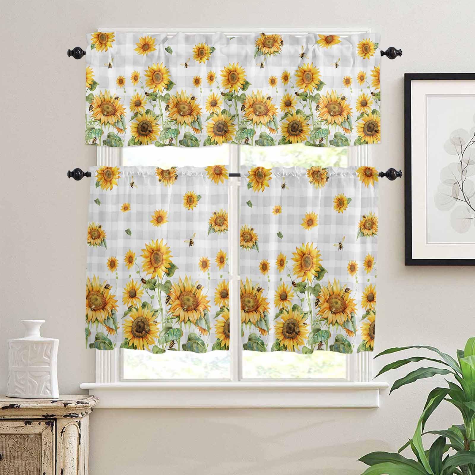 Yellow Sunflower Kitchen Curtains 36 Inch Length,3 Piece Rod Pocket Small Half Tiers and Valance Set,Grey Plaid Country Bee Farmhouse Floral Small Large Window Treatment Decor for Bedroom/Bathroom