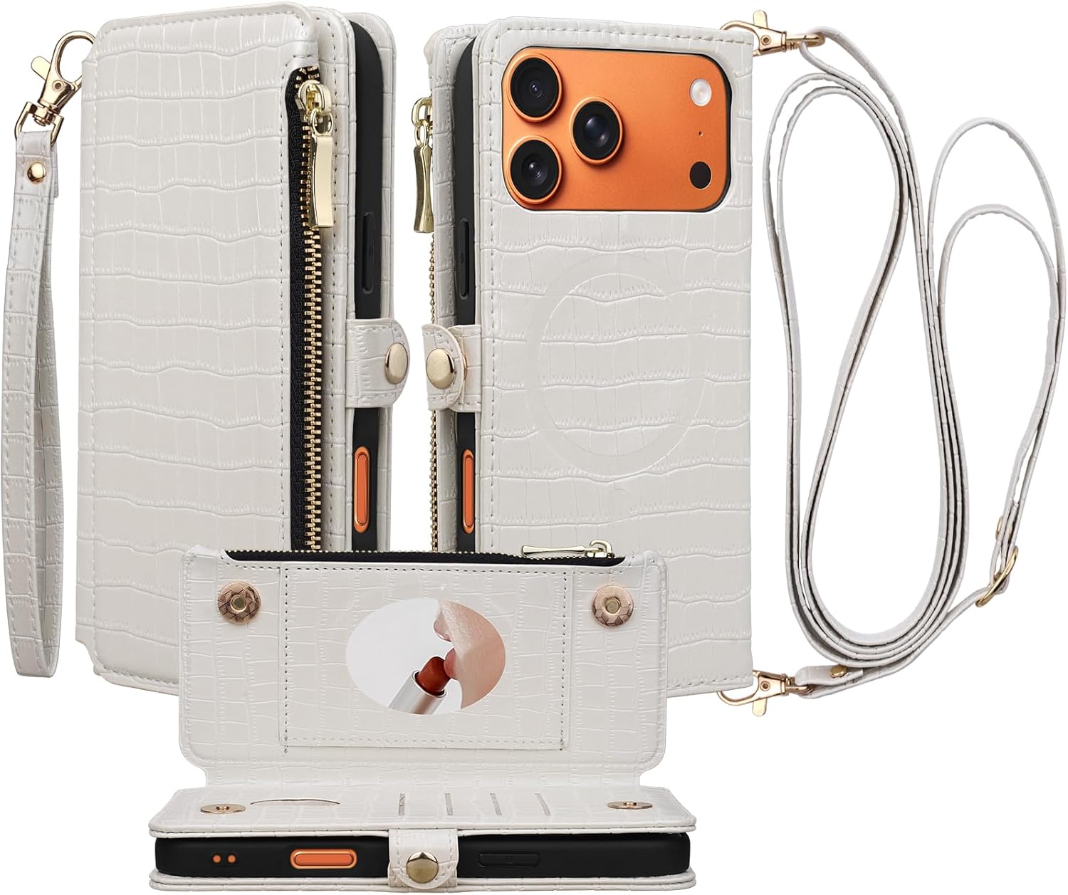 Crossbody Wallet Case for iPhone 17 Pro Max with Mirror, Wrist Strap, Zipper Purse Magnetic Flip, RFID Blocking Card Holder, Wireless Charging, PU Leather Shockproof 6.9" Women (White)