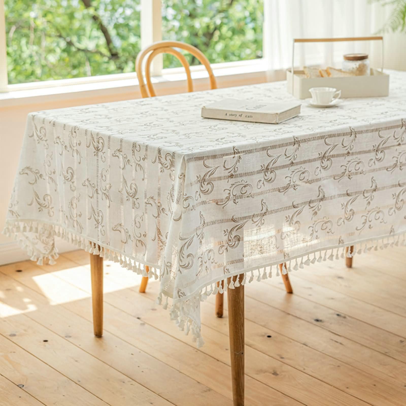 Kaffee Tischdecke Rechteckig 140 x 220 cm, Polyester Rebenmuster mit Quasten, Tischtuch für Garten