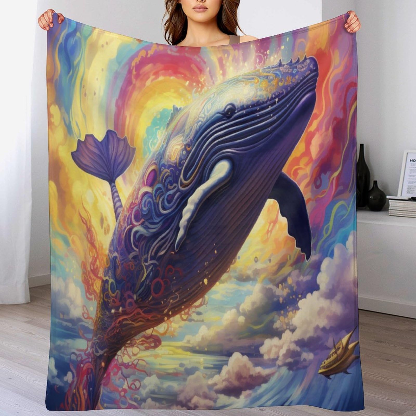 Couverture légère en polaire de flannel imprimé baleine 3D douce pour canapé et lit 130x180cm