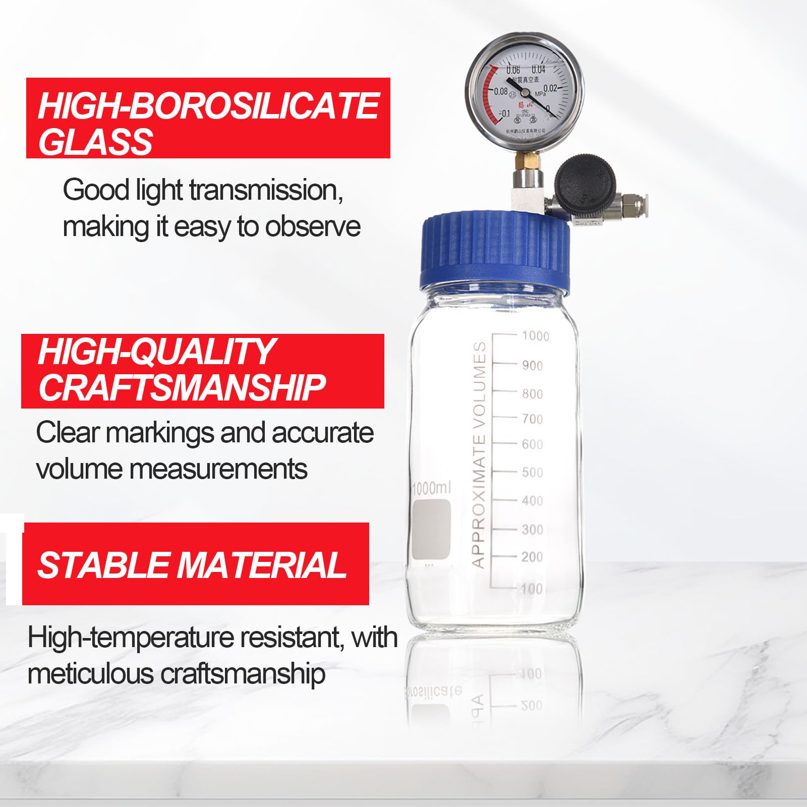Cámara De Vacío De Vidrio para Laboratorio, Cámara De Desgasificación Al Vacío con Manómetro De Presión Negativa, Mini Secador Portátil, Tanques De 1000ml