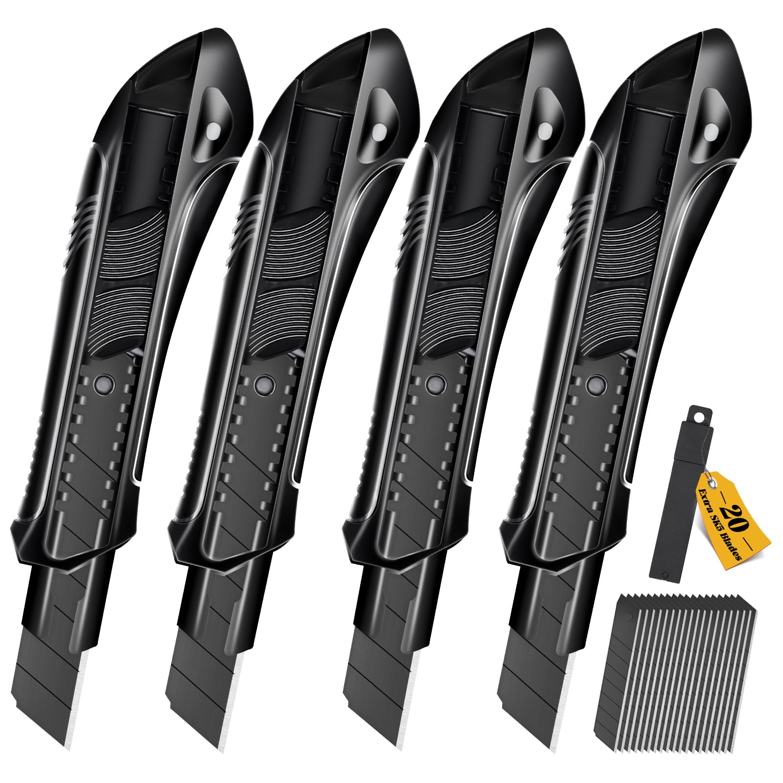 CCLIFE 4 Piece Cutter Set with 20 Spare Blades SK5, Cutter 18 mm, Black