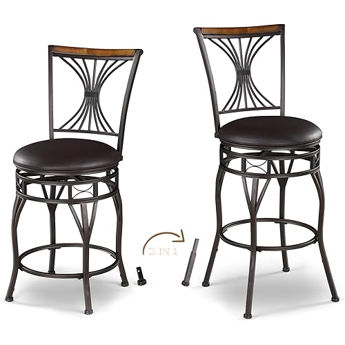 KATDANS 24/29 Inch Bar Stools Set of 2, Vintage Swivel Barstools with Back, Adjustable Seat Height Counter Stools, Bar Height Kitchen Island Stools, Brown PU Leather Padded with Metal Base, KS904P