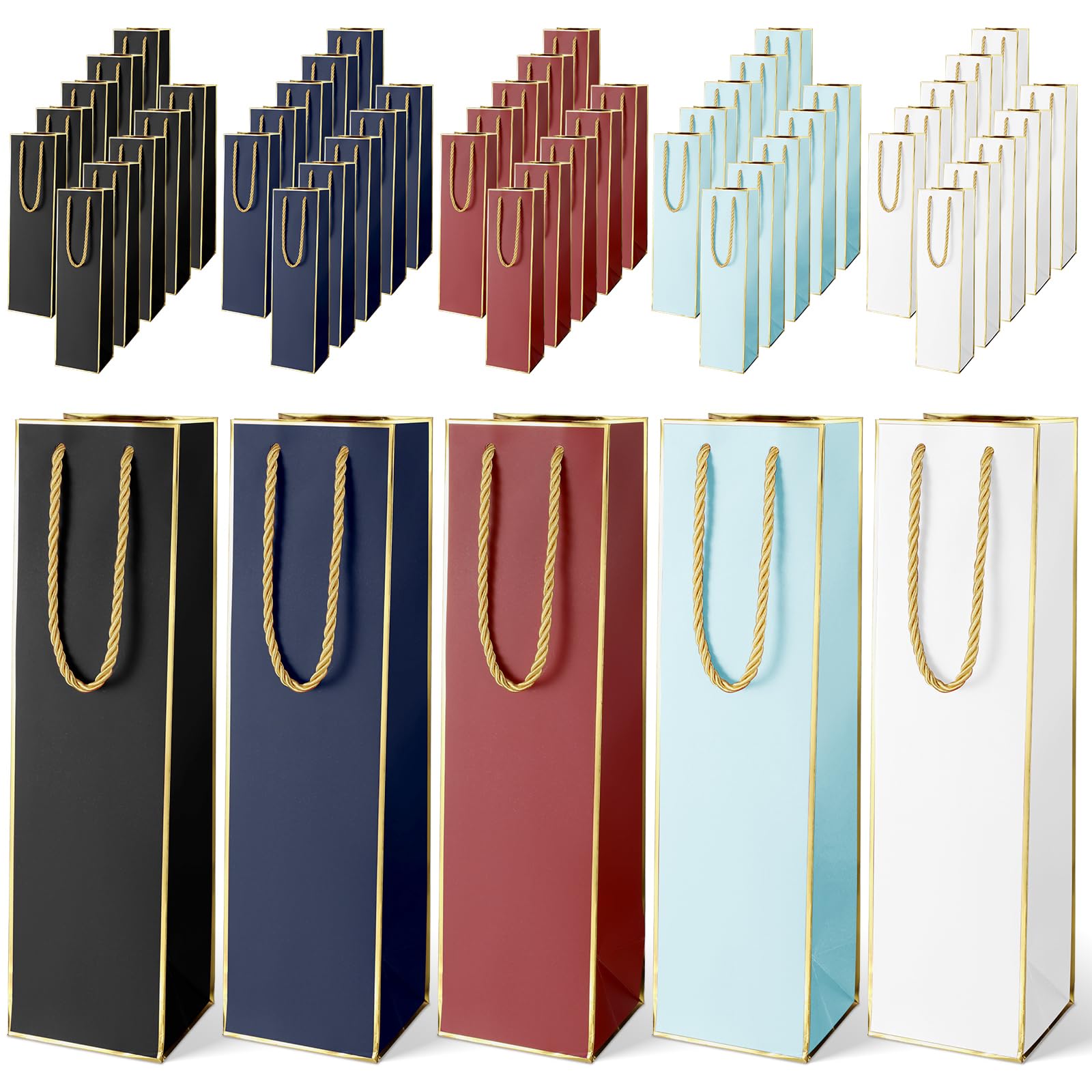 Fumete 50 Pack Wine Bottle Gift Bags Paper Wine Gift Bags Bulk 13.8x3.7x3.5 Inch with Handles for Appreciation Gifting Wedding Anniversary Birthday