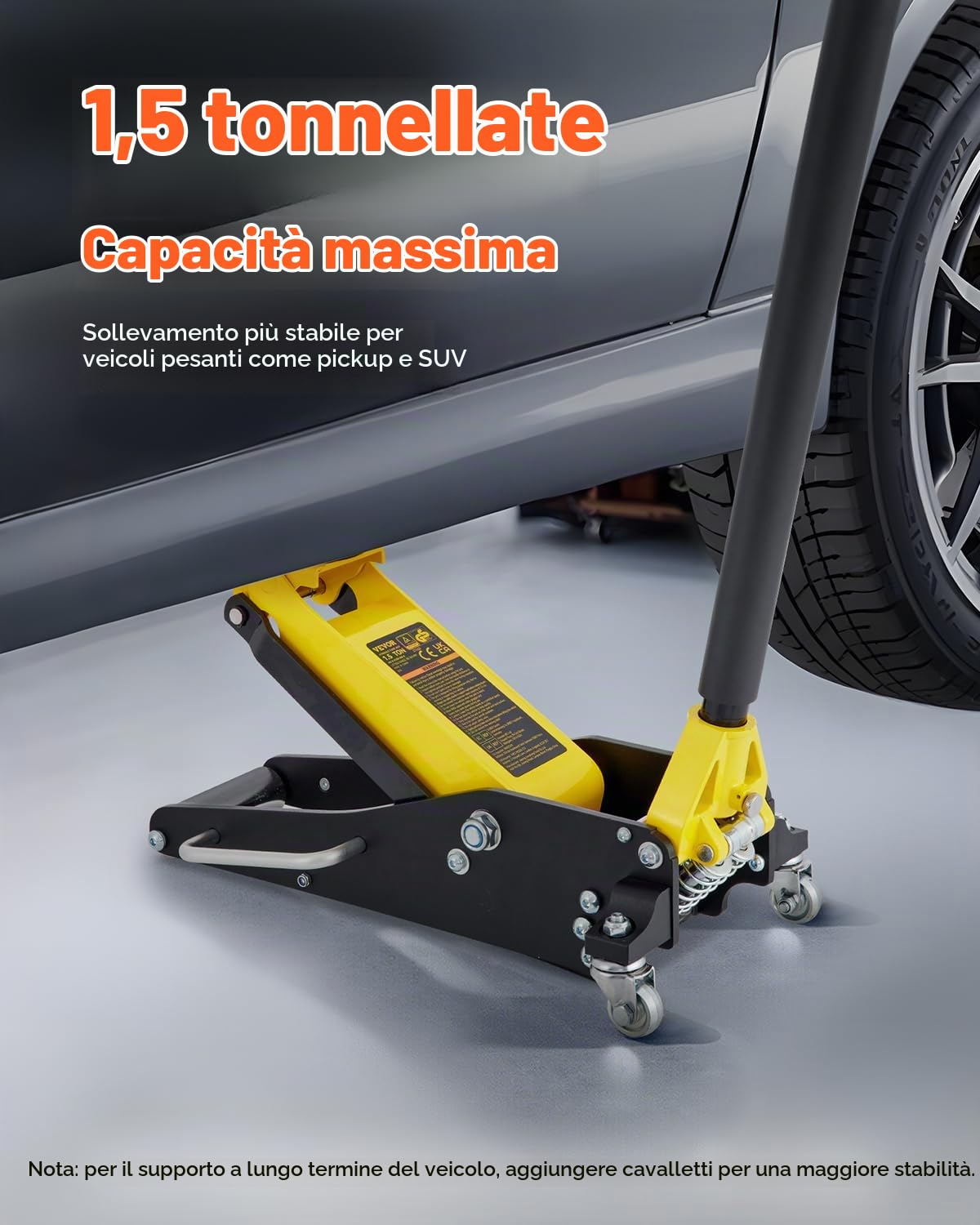 VEVOR Martinetto Idraulico con Ruote in Acciaio Capacità di Sollevamento Max. 1,5 Tonnellate per Riparazione Auto Barca Veicolo, Sollevatore con Ruote Altezza Regolabile tra 80-365mm da Auto Camion
