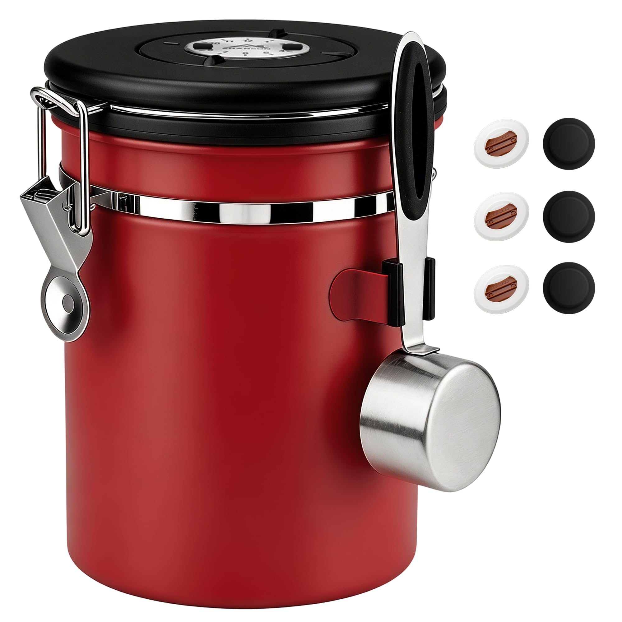 ShanSon Coffee Canister Airtight, Stainless Steel Bean Storage Container with Date Tracker &amp; Scoop, Grounds Sugar Flour Tea Cereal Fits Kitchen Pantry, Ideal Gift for Coffee Lovers,22oz,Red