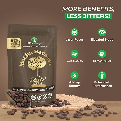 Miniatura 3 de Mezcla de café de hongos adaptogénicos 7 en 1  2800 mg de melena de león, cordyceps, chaga, cola de pavo y más  alternativa de café baja en cafeína,