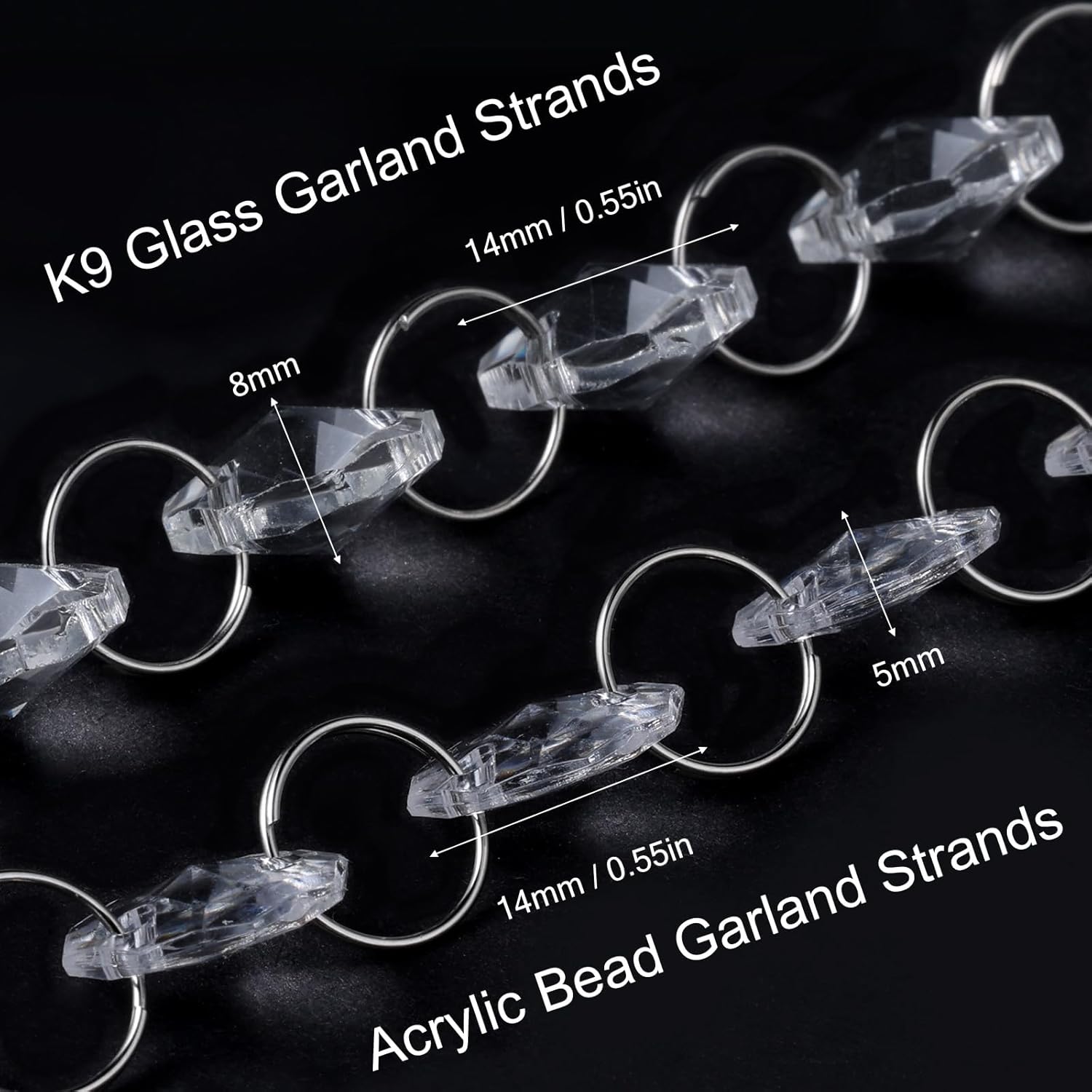 33FT K9 Glass Crystal Beaded Garland Strands, 14MM Octagon Crystals Bead Chain String for Wedding Party and Home Decoration