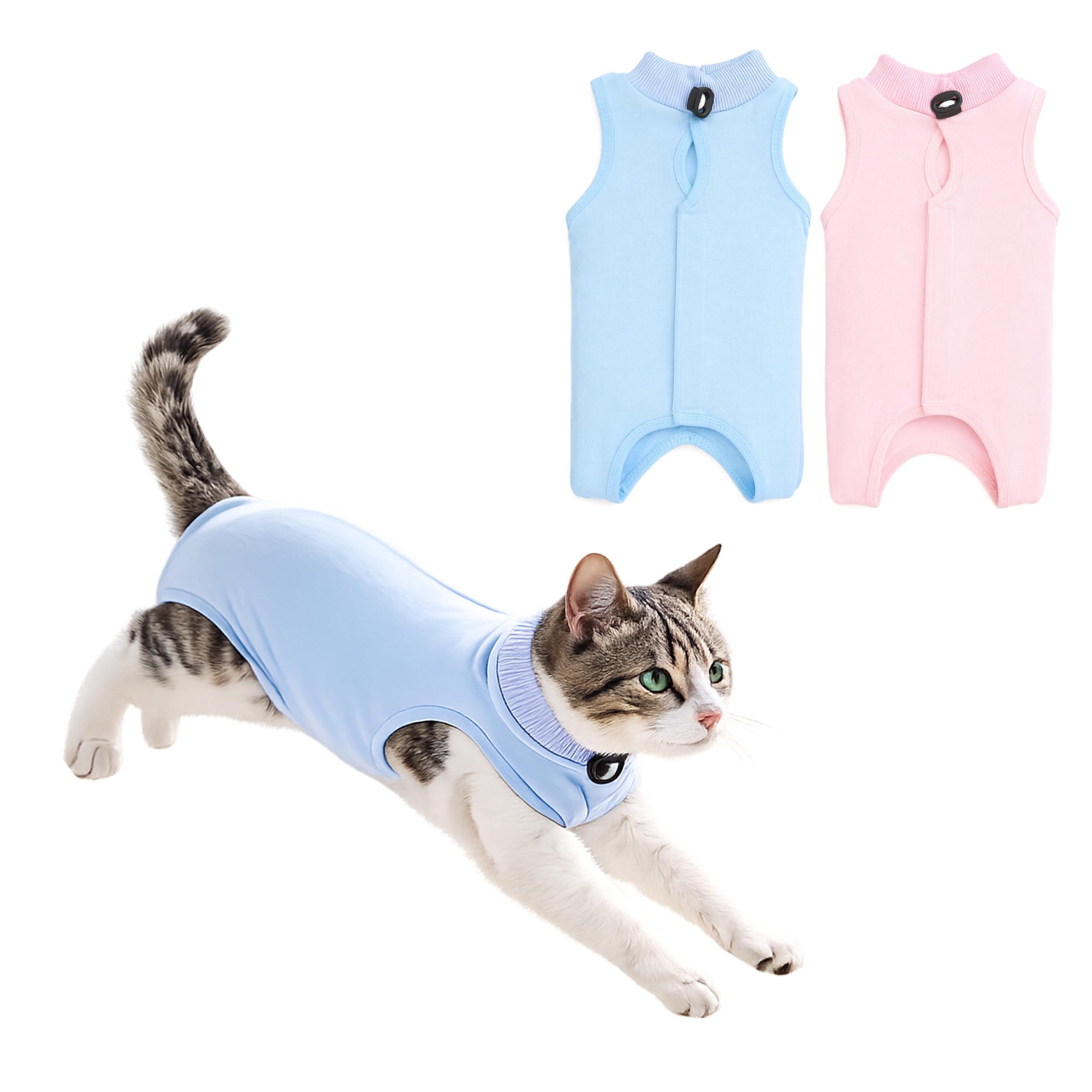 2 Pack Cat Recovery Suit, Breathable Cat Surgery Recovery Suit with Soft Stretch Fabric, Anti-Licking Cat Onesie for Spay Recovery, Abdominal Wounds, Weaning and Post Surgery Care (Hellblau, M)