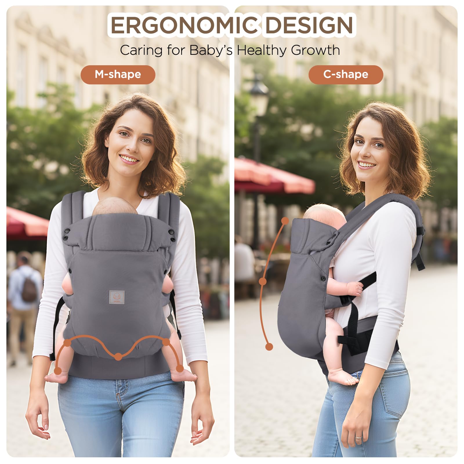 GAGAKU Baby Carier - Portabebés ligero y ergonómico para niños pequeños de 7 a 33 libras, suave y transpirable 4 en 1 con soporte para la cabeza, fácil de llevar, comodidad manos libres, color gris - 3