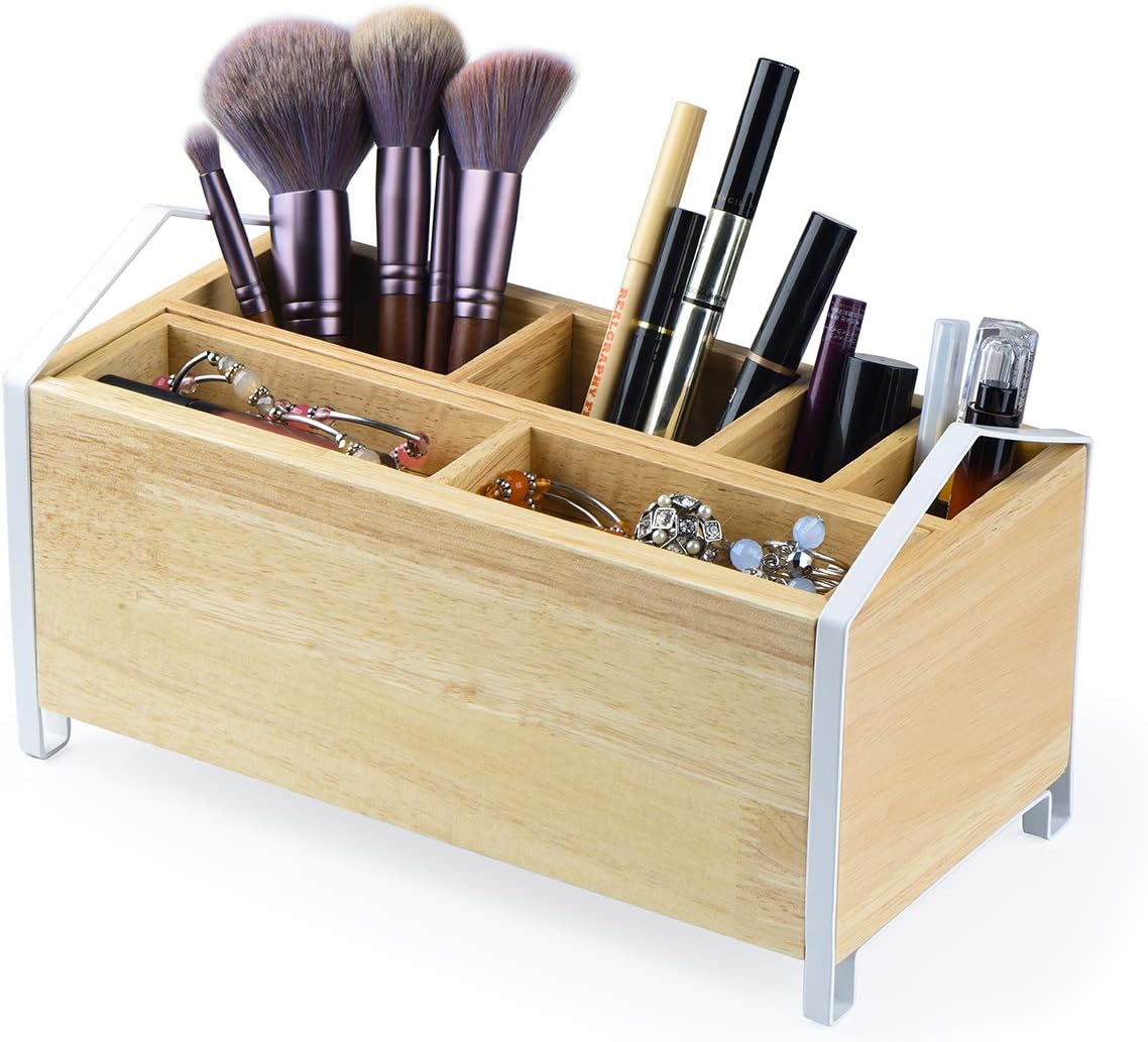 SRIWATANA Makeup Brush Holder,Wood Makeup Organizer, Wooden Cosmetic Storage Case,Cosmetics Organizer Box, 10" L x5.43 W x 5" H