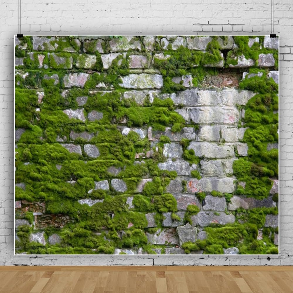 10x8ft Mossy Stone Brick Wall Backdrop for Photography Spring Rustic Moss Brick Stone Photo Backdrop Baby Shower Birthday Portrait Photoshoot Background Video Studio Studio Booth Photo Props