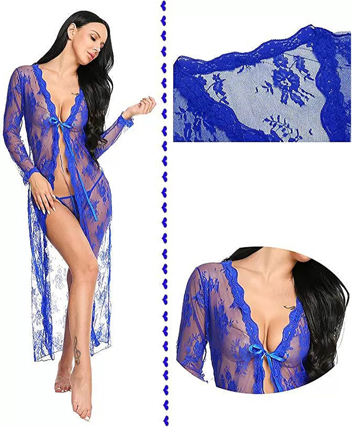 Women Sexy Robe Lace Sheer Long Kimono Nightgown Lingerie with G-string - Image 4