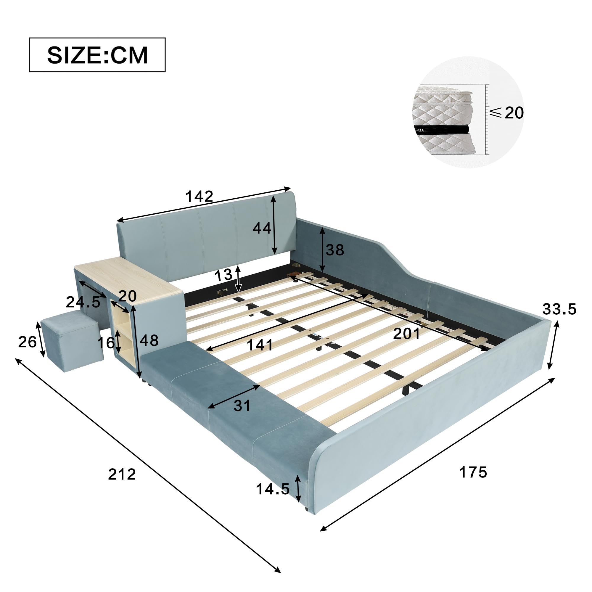 Mrwoo Cama Tapizada 140x200cm, Cama Infantil con Escritorio Infantil y Taburete, Somier de Listones de Madera, Terciopelo, Azul (Colchón no Incluido)