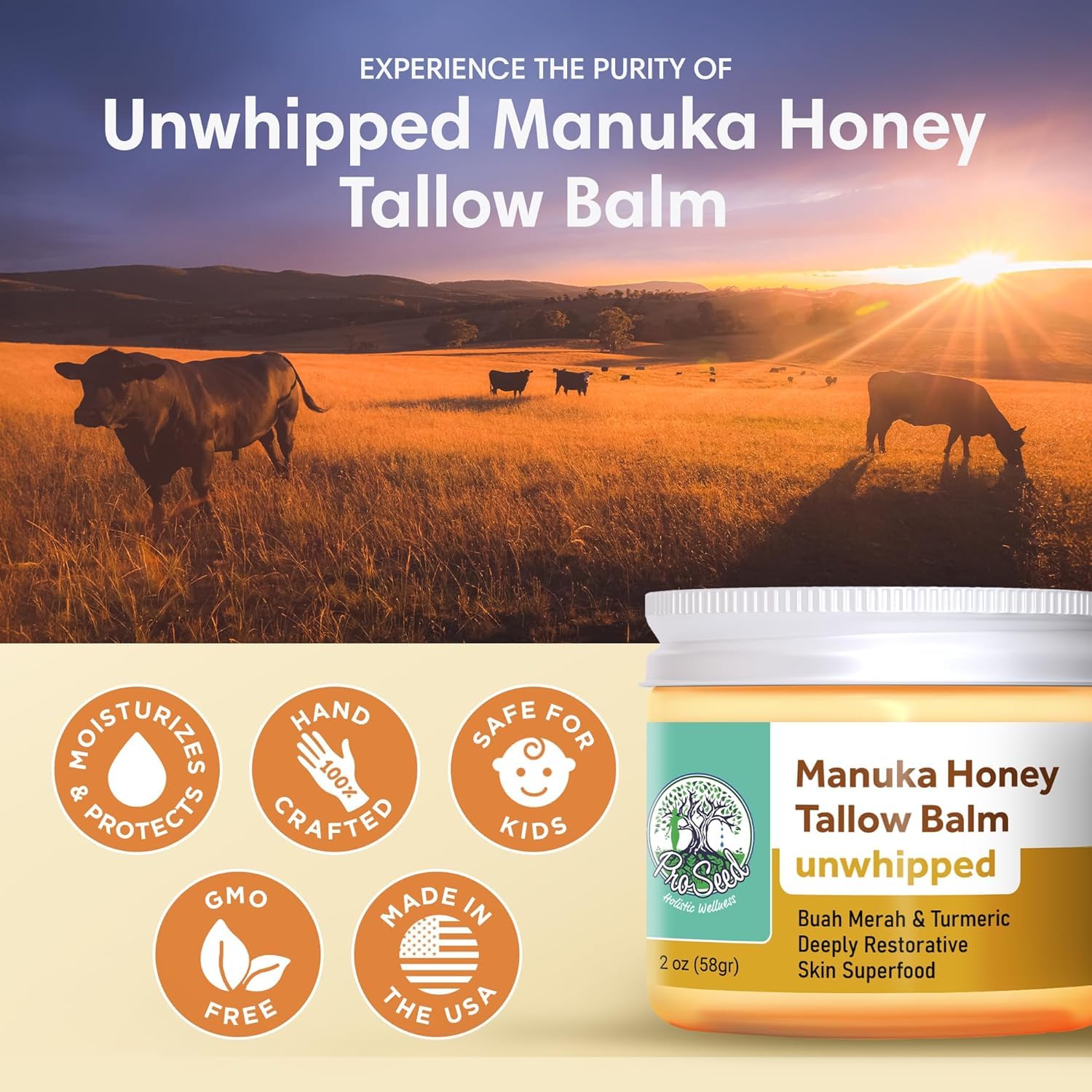 Manuka Honey Unwhipped Tallow Balm – Handmade Grass-Fed Beef Tallow with Frankincense, Vitamin E, Castor Oil, Buah Merah & Turmeric – Hydrates & Nourishes Skin for Men, Women & Kids – 2oz Glass Jar - Image 6