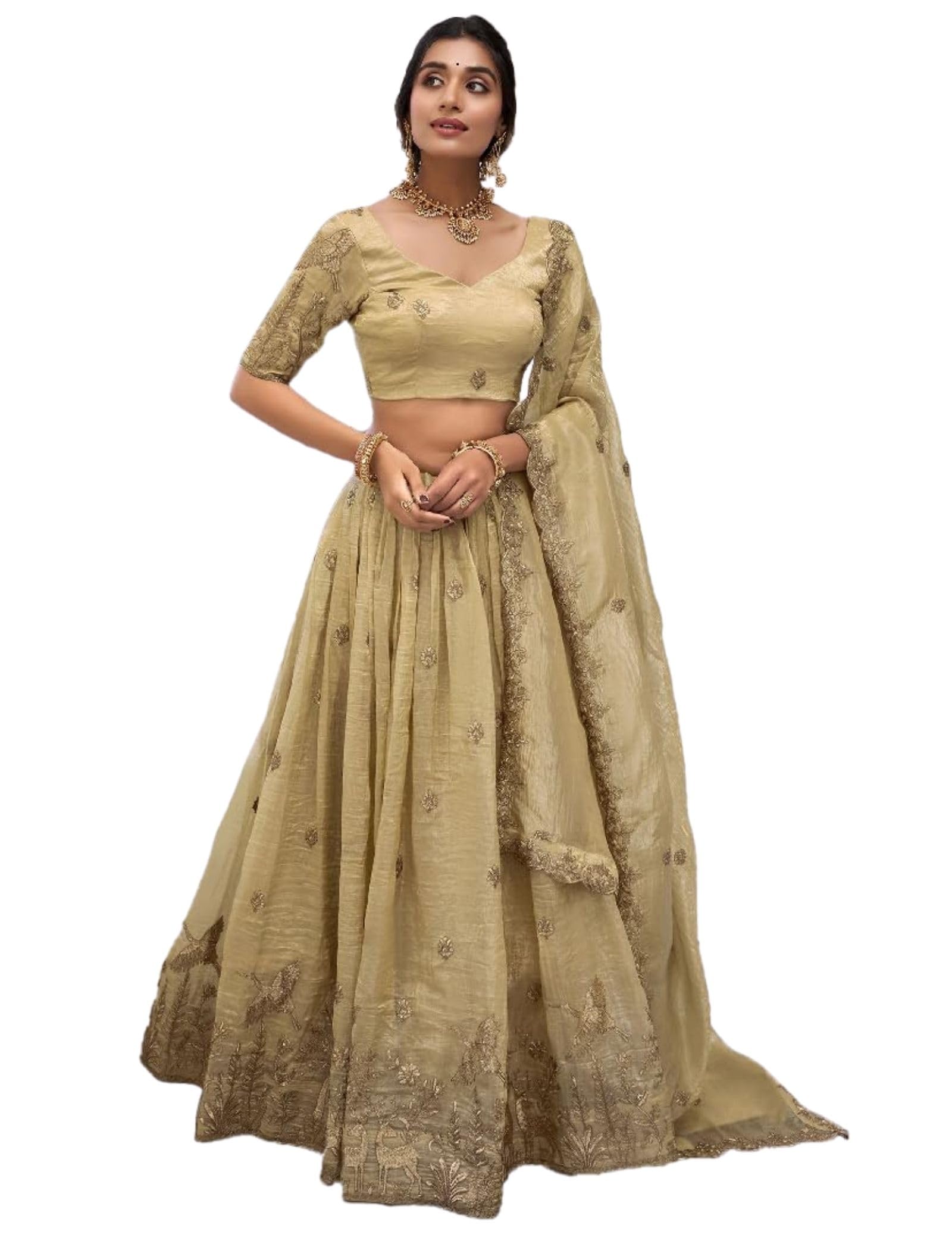Beige Silk Thread Sequence Embroidery Work Semi-Sttiched Lehenga Choli Set For Women-image-8