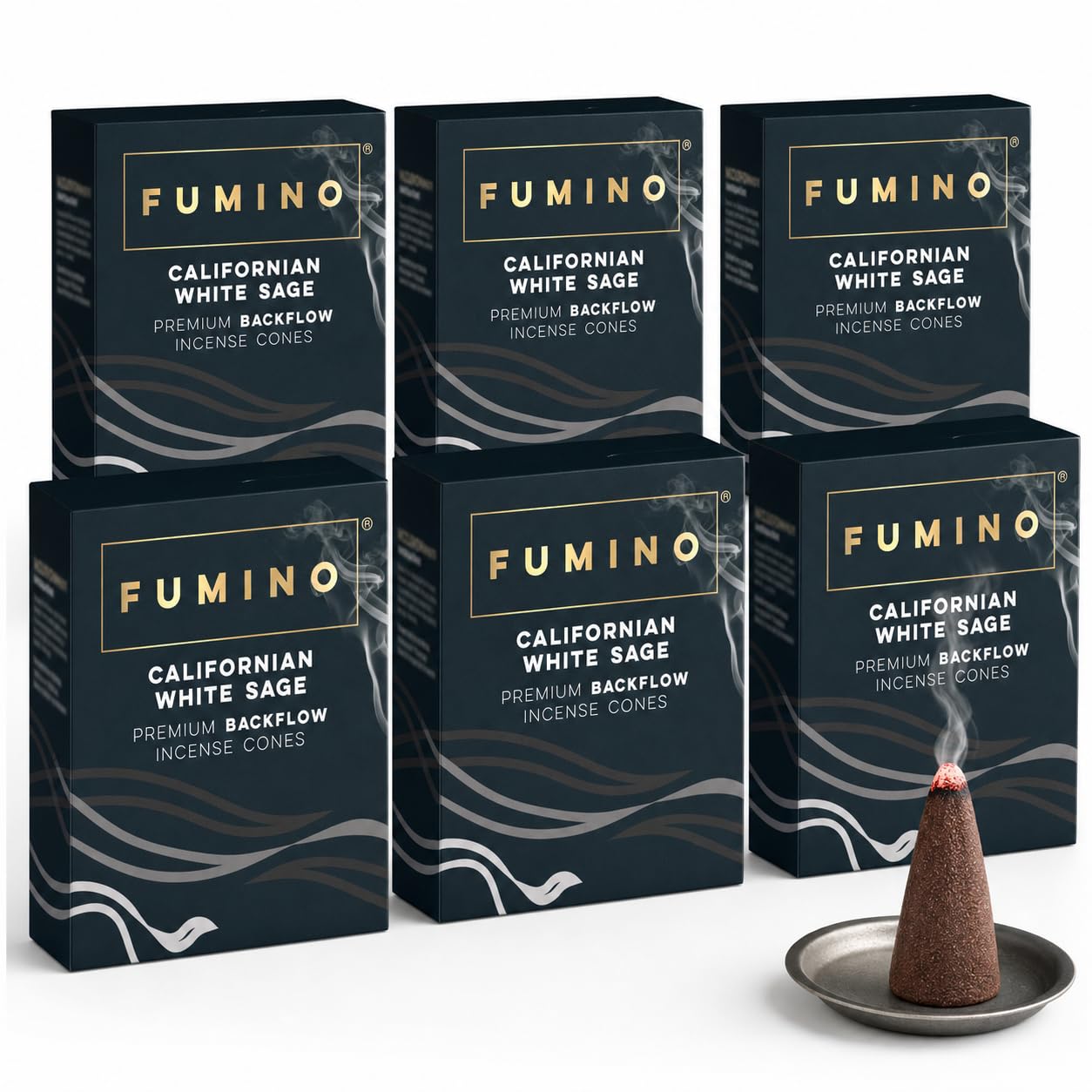 Fumino Californian White Sage Backflow Incense Cones 90 Pack 6 Boxes - Natural Masala Cones for Waterfall Cascade Smoke & Meditation, Herbal & Cleansing Scent, Hollow-Core for Backflow Burners