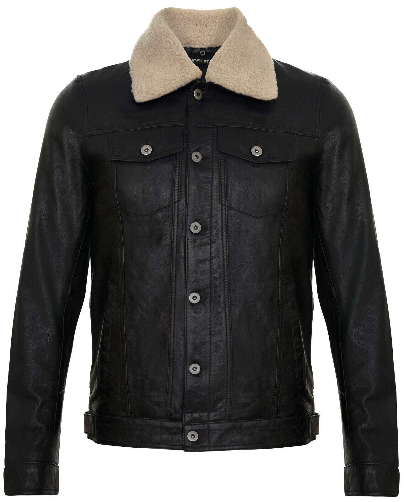 Infinity Leather Men's Black Leather Jacket Trucker Removable Sheepskin Sherpa Collar Casual Jeans Coat S