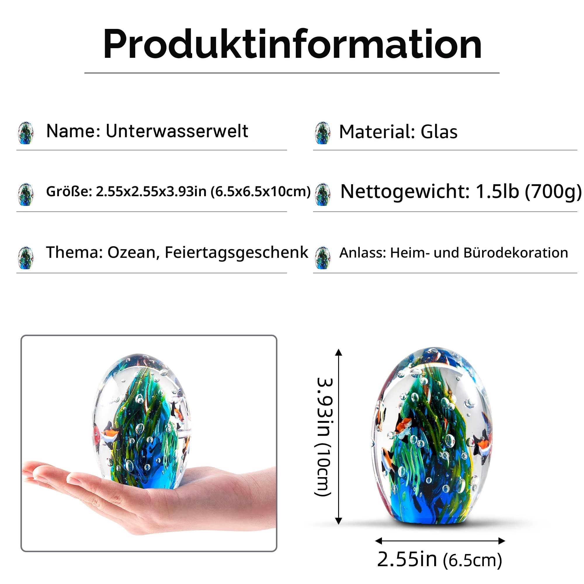 EUSTUMA Handgeblasene Unterwasserwelt aus Glas, Büro-Briefbeschwerer aus Glas für Schreibtisch, Heimdekoration, Sammlerstück, Aquarium-Dekoration, Bürodekoration, Ozeanliebhaber