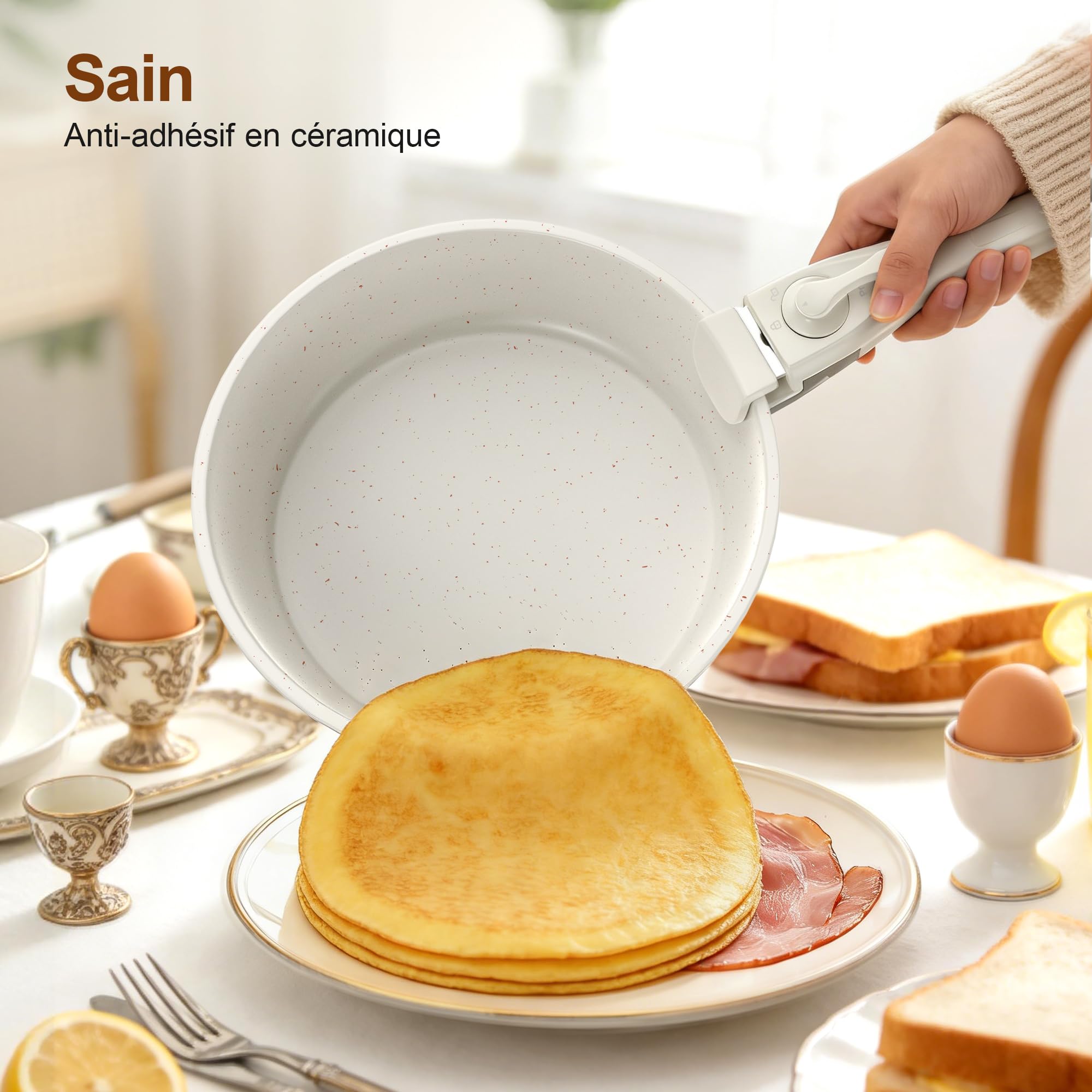 Batterie de Cuisine - Cookware Poêles et Casseroles Antiadhésives en Céramique Induction Tous Feux Lot de 13 Pièces, Poêle 20/26 CM, Sauteuse 26 CM, Casserole 18/20 CM avec Poignée Amovible Zyronem