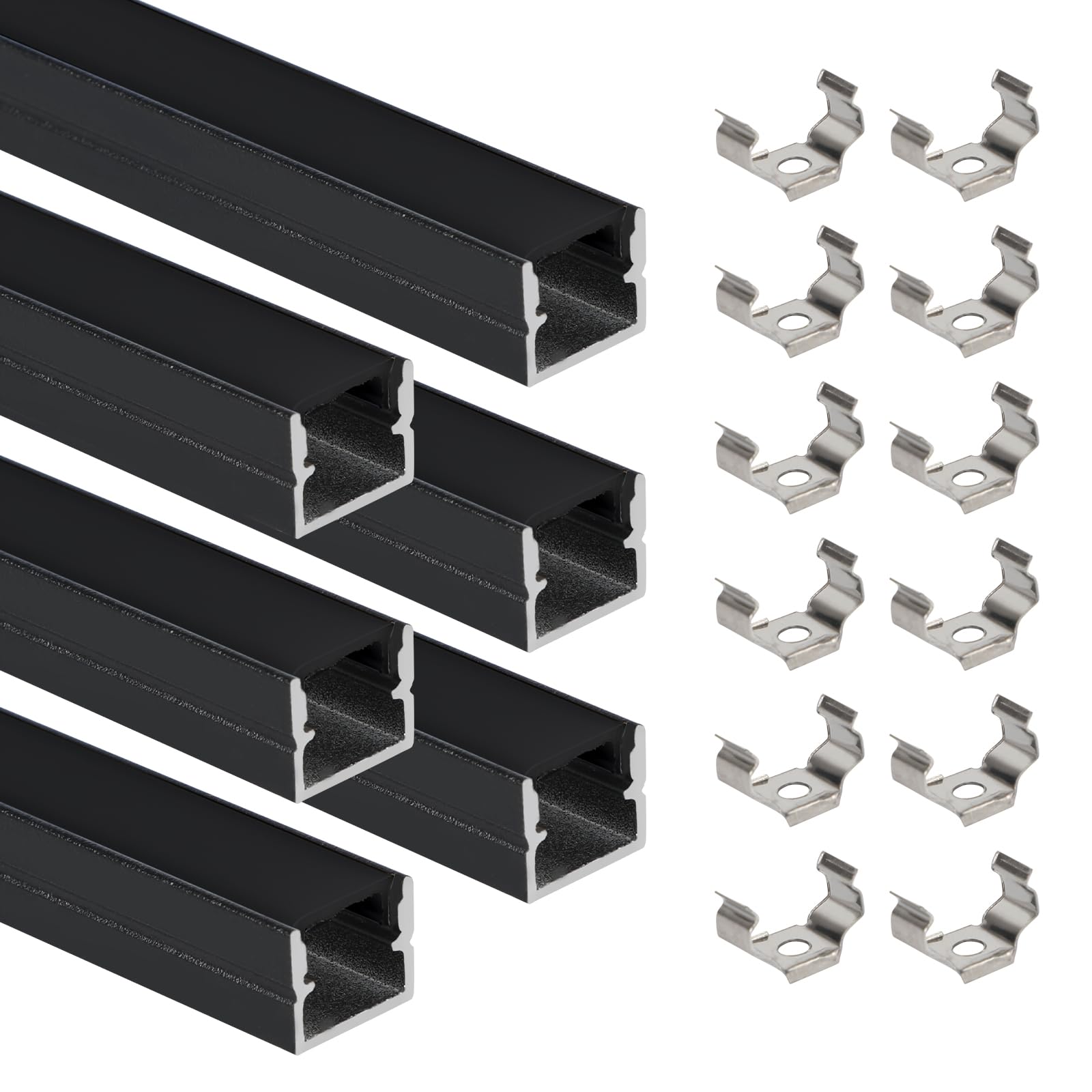 Perfil de aluminio LED, 6 × 1 m, canal en forma de U, 12 × 10 mm, para paneles acústicos con clips de montaje, tiras negras, difusor de canal, resistente al agua, cubierta para luces de neón