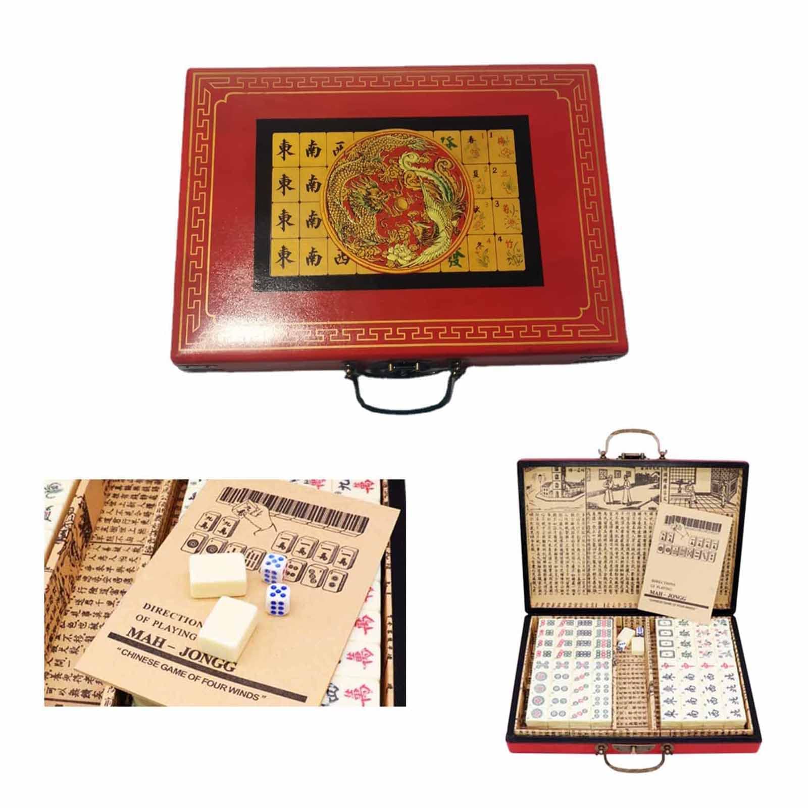 Mahjong De Grande Taille, Jeu De Mahjong De Voyage De 144 Pièces, Mahjong Portable avec Étui en Cuir Antique Et Instructions, Jeu Familial pour Passer Le Temps Ennuyeux