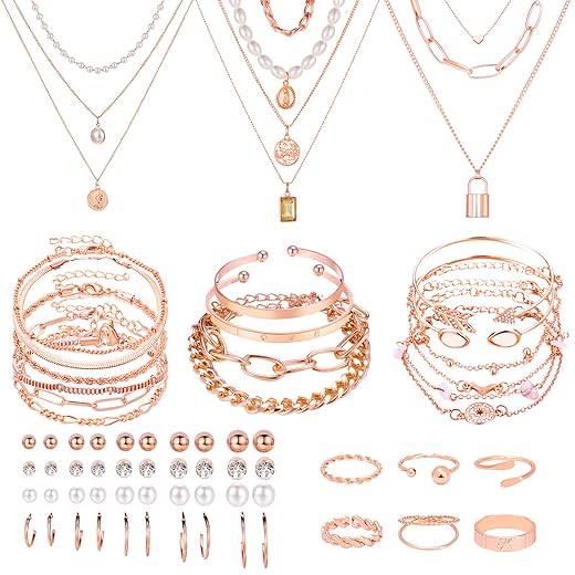 NEWITIN 49 Pieces Gold Jewelry Set for Women Fashion Costume Jewelry Gold Plated Necklace Bracelet Ring Earrings Set for Women