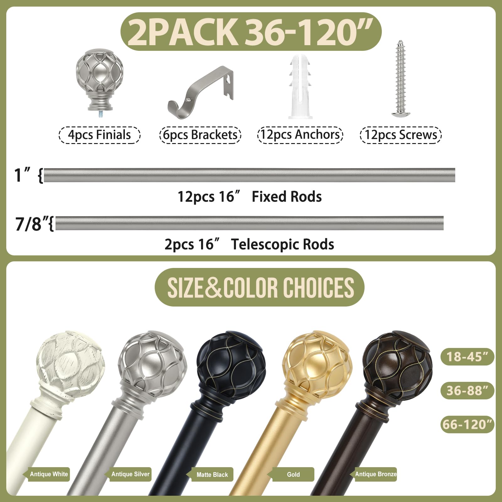 TANGWIN 2 Pack Silver Curtain Rods for Windows 66 to 120 Inch,1 Inch Adjustable Curtain Rod Set,Heavy Duty Curtain Rods,Netted Texture Finials Drapery Rods,Single Window Curtains Rods 66-120",Nickel