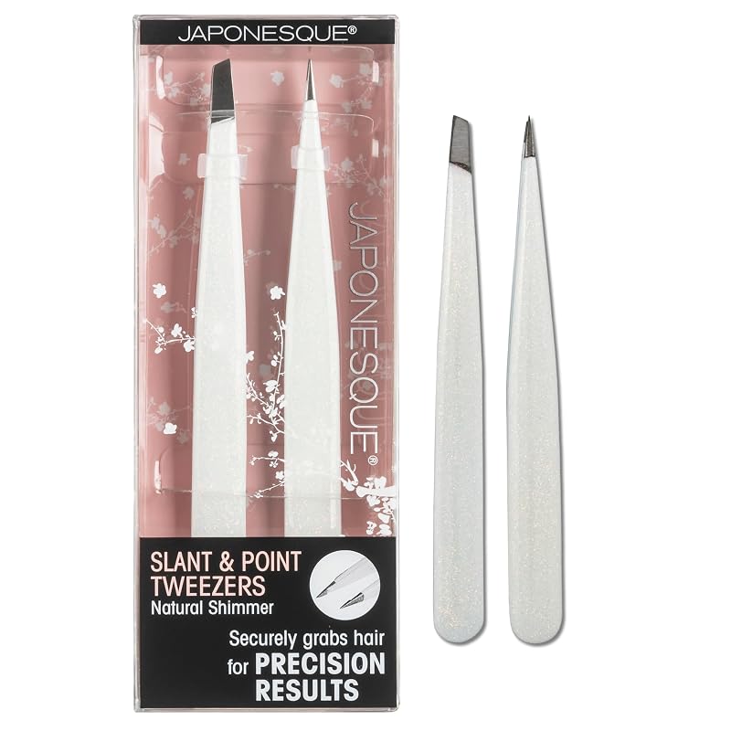 JAPONESQUE Conjunto de Pinças para Sobrancelhas com Ponta Fina e Chanfrada, Acabamento Natural Shimmer
