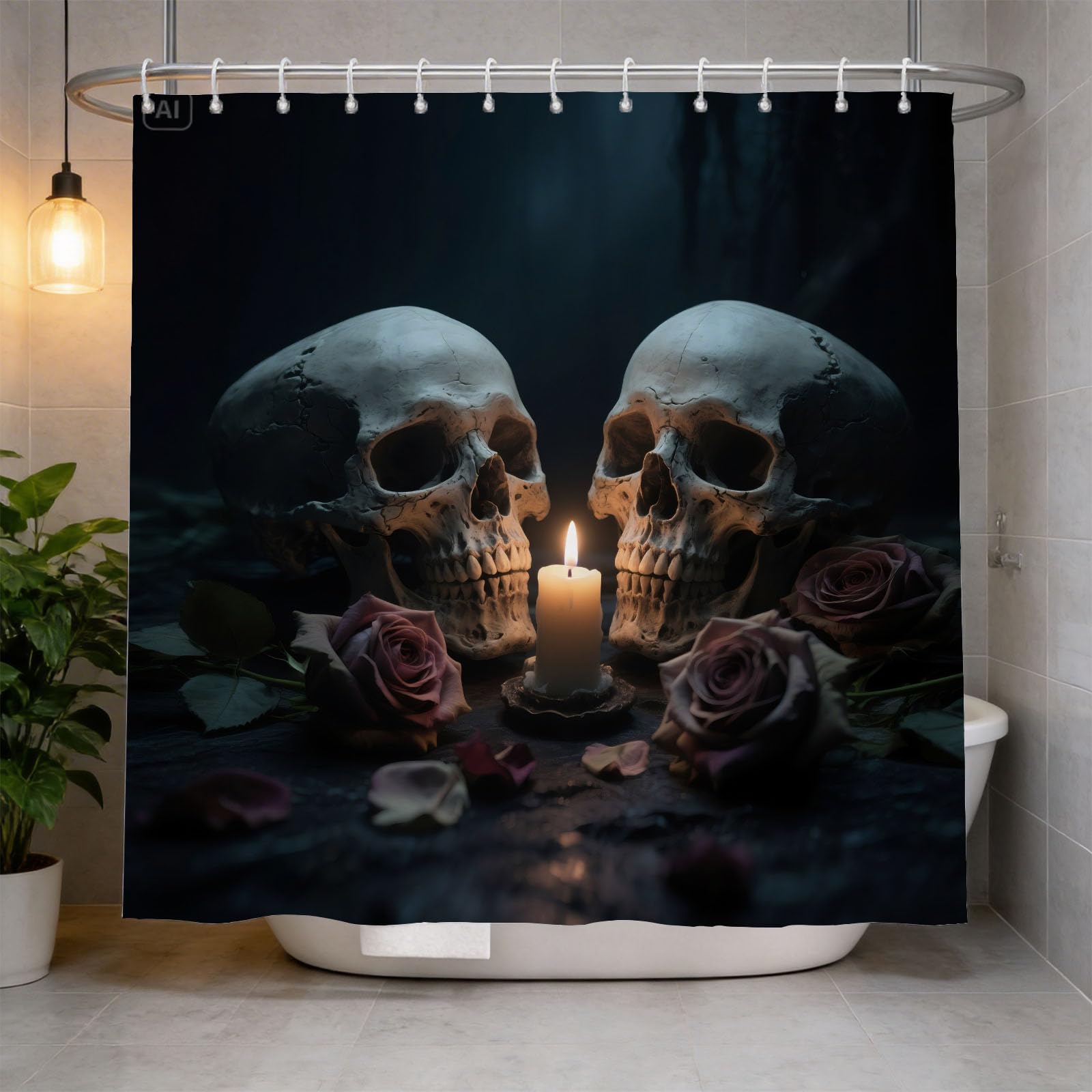 Hongduo 3D Skull Rose Shower Curtain for Stalls Bathtubs Horror Bathroom Decor Shower Curtain Set Polyester Fabric Waterproof 180x180cm/71X71 Inch with Hooks