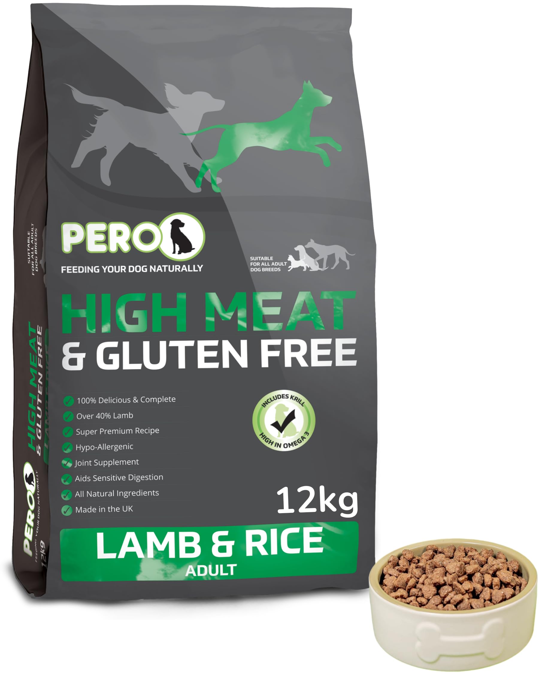 Pero High Meat & Gluten Free Dog Food – Lamb & Rice – 36% Lamb, Single Protein, Poultry & Fish Free, Gentle Digestion, Joint Care (12kg)