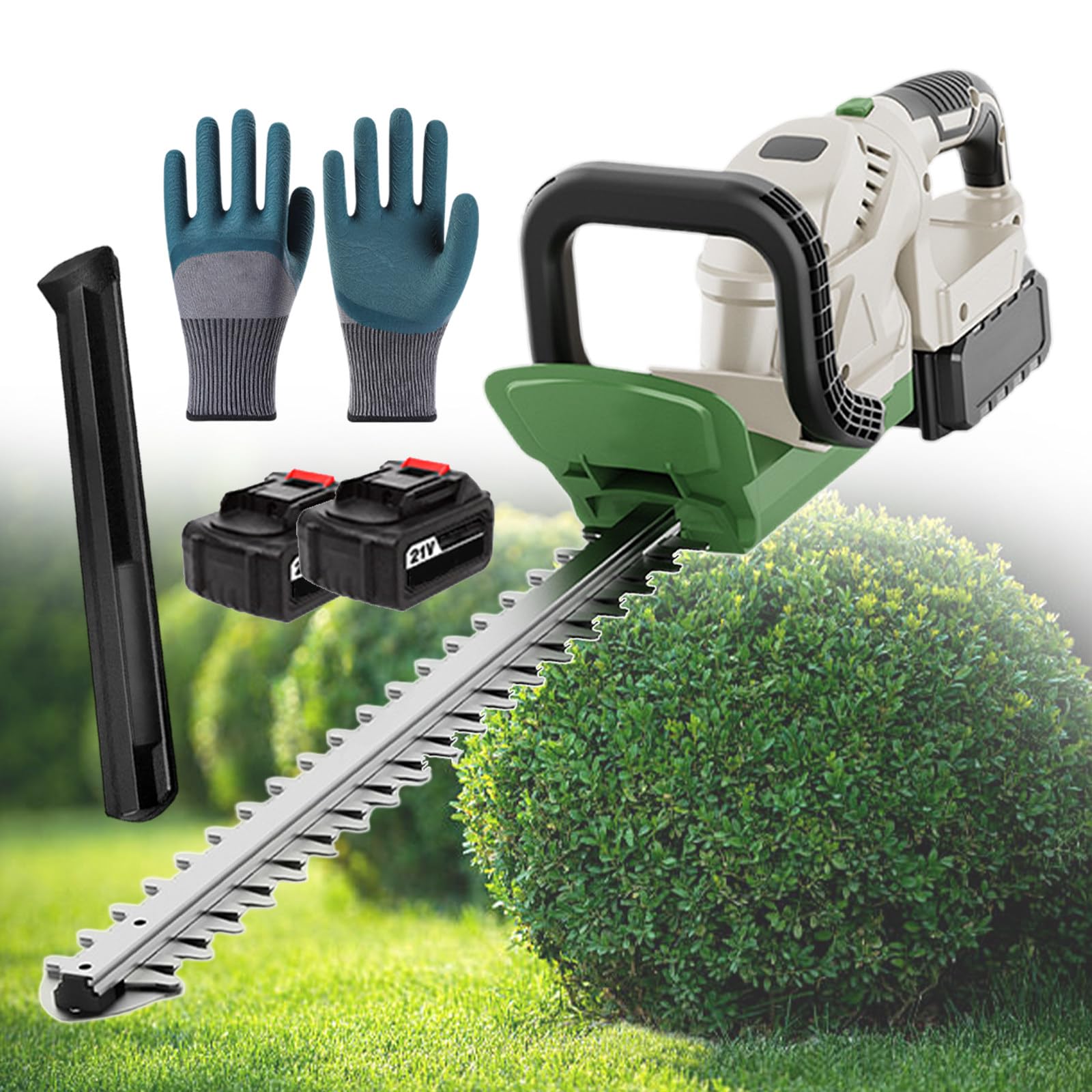 Cortasetos inalámbrico, Cuchilla de 51 cm, Cortador Ligero. Incluye 2 baterías de 21 V y 2600 mAh. Interruptor de Arranque Doble para jardín, arbustos y césped.