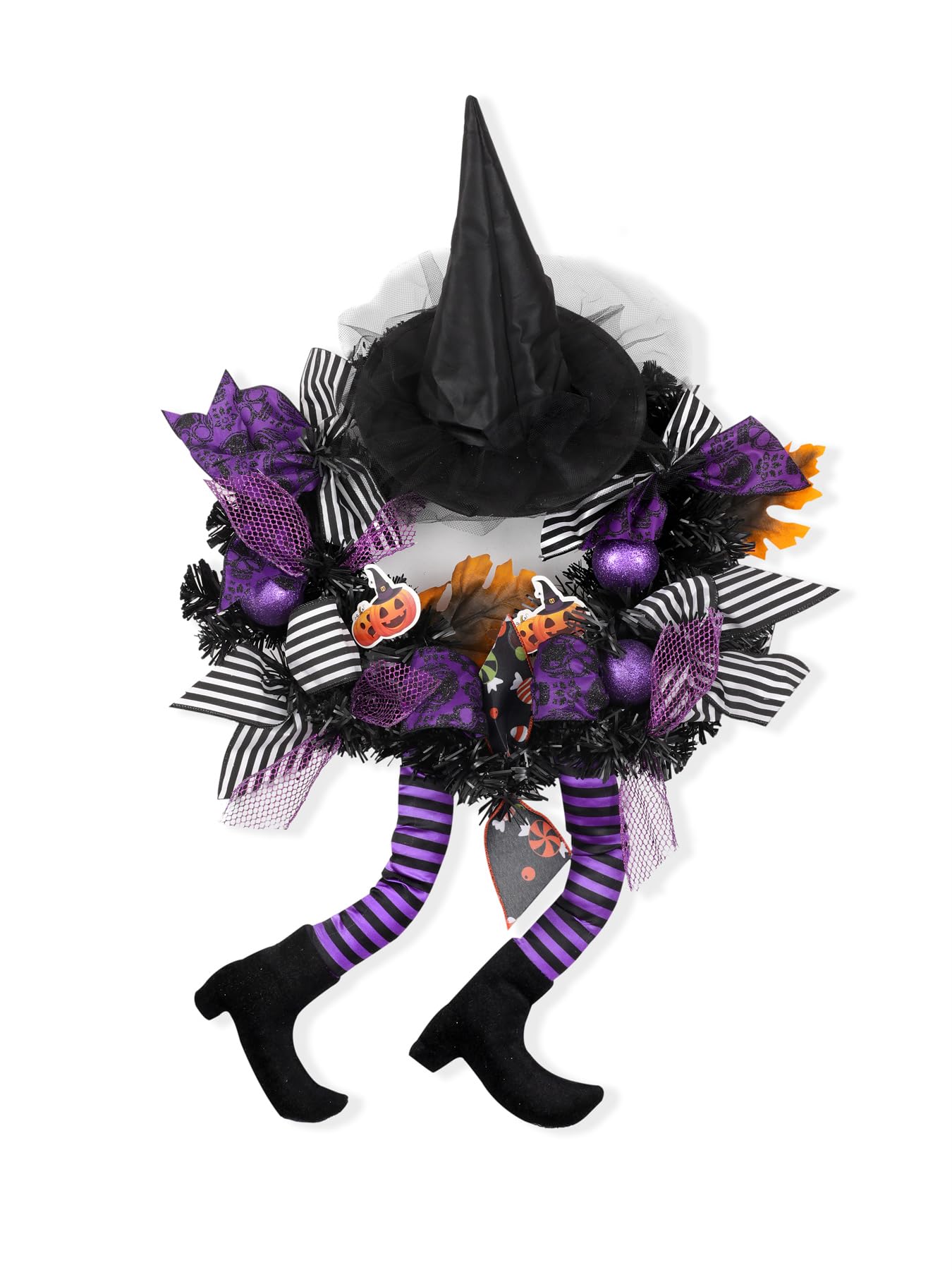 Wlflash Halloween Wreath for Front Door Multi-Legged Witch Outdoor Decorations Outside Scary Signs Decor Large Black Clearance Hangers Happy Decoration Orange Ornaments Wreaths Maple Leaf Party