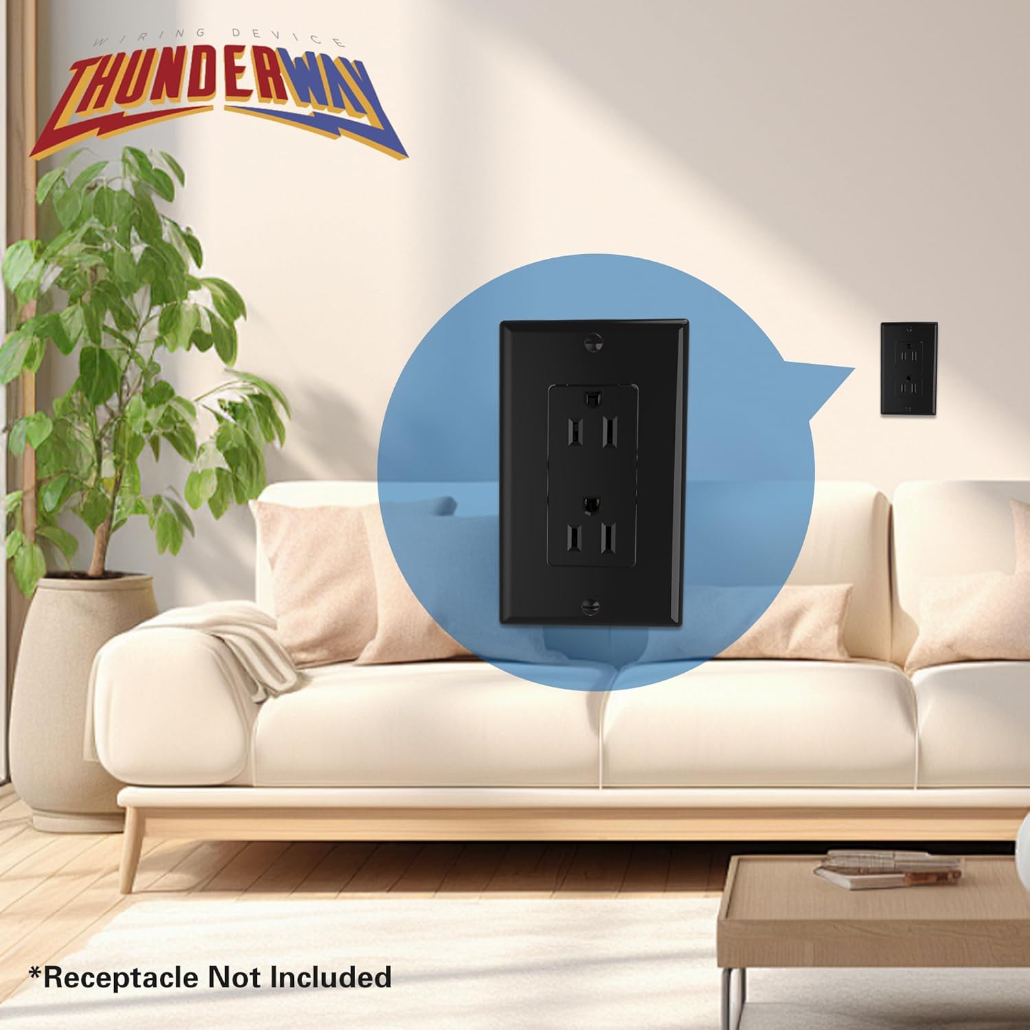 ThunderWay Decorator Light Switch or Receptacle Outlet Wall Plate, Gloss Finish, Size 1-Gang 4.48" x 2.71", Unbreakable Polycarbonate Thermoplastic, UL Listed, Black