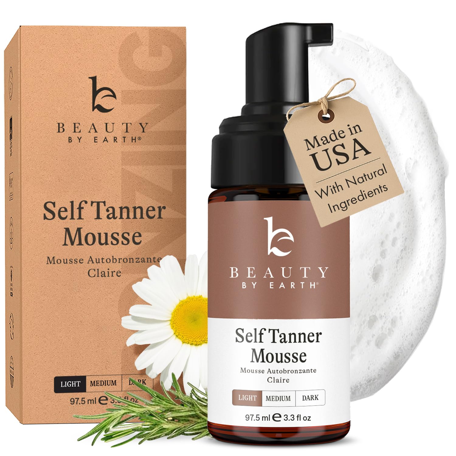 Self Tanner Mousse - USA Made with Natural & Organic Ingredients, Self Tanning Mousse for Fake Tan, Sunless Tanner for Pale Skin, Clear & Non Toxic Tanning Foam for Streak Free Finish, No Orange Color