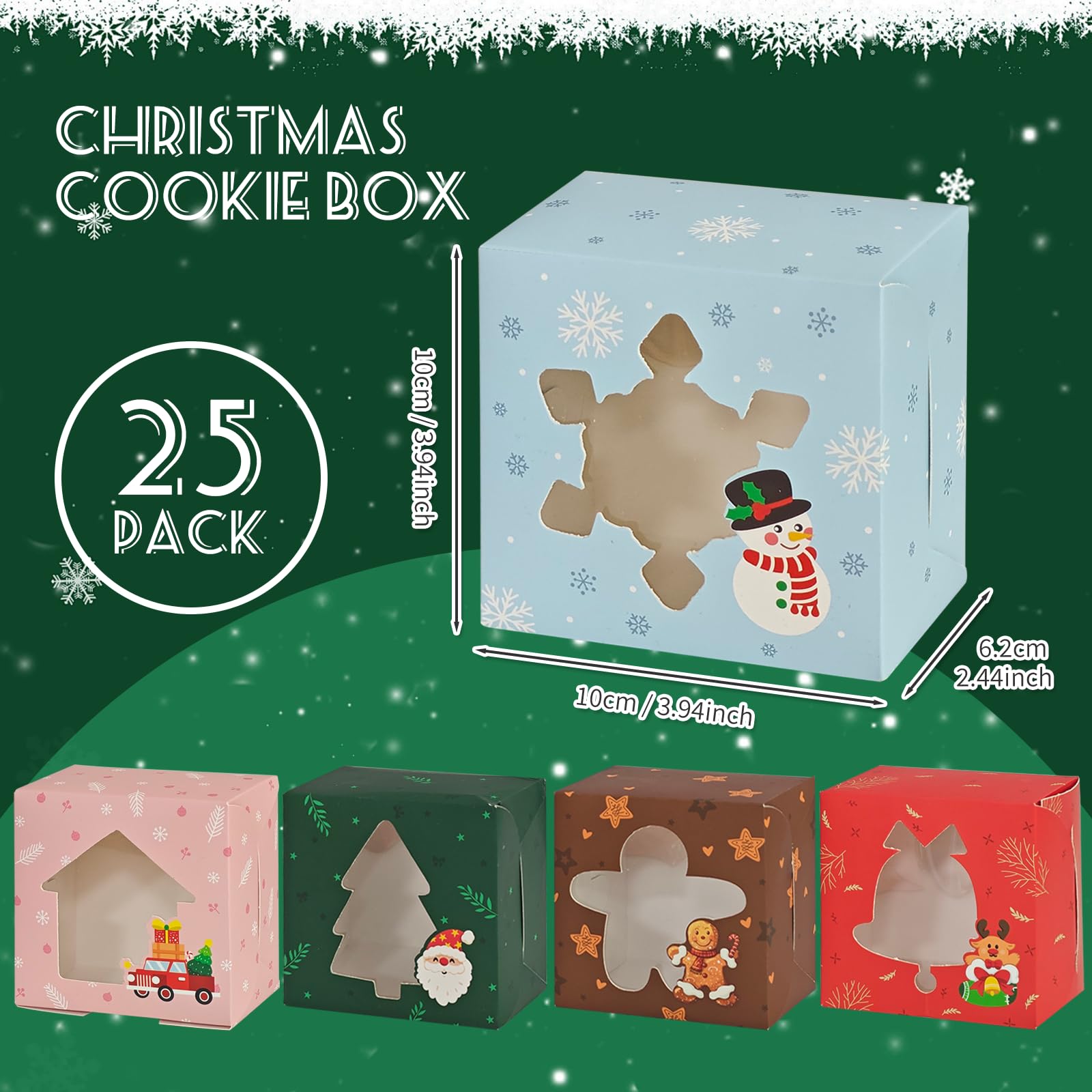 Gute 25 Stück Weihnachts Kekskästen Boxen,Weihnachten Geschenkbox,Keksschachtel Weihnachten Karton mit fenster,Cupcake Boxen,Weihnachten Verpackung für Bäckerei Gebäck,10x10x6cm,5 Stile