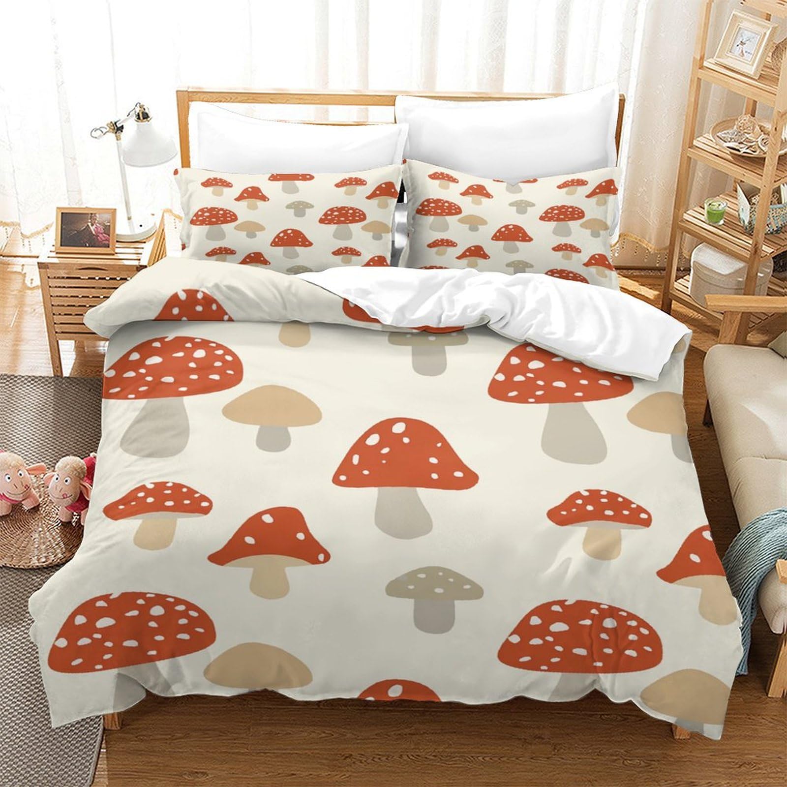 P1S9U7W5Y Playful Mushroom 3D Printed Duvet Cover Set 3pcs Microfiber Forest Mushroom Bedding Set Single