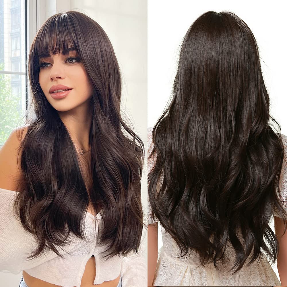 Amazon.com : Nuxovin Long Brown Wigs Human Hair with Bangs 
