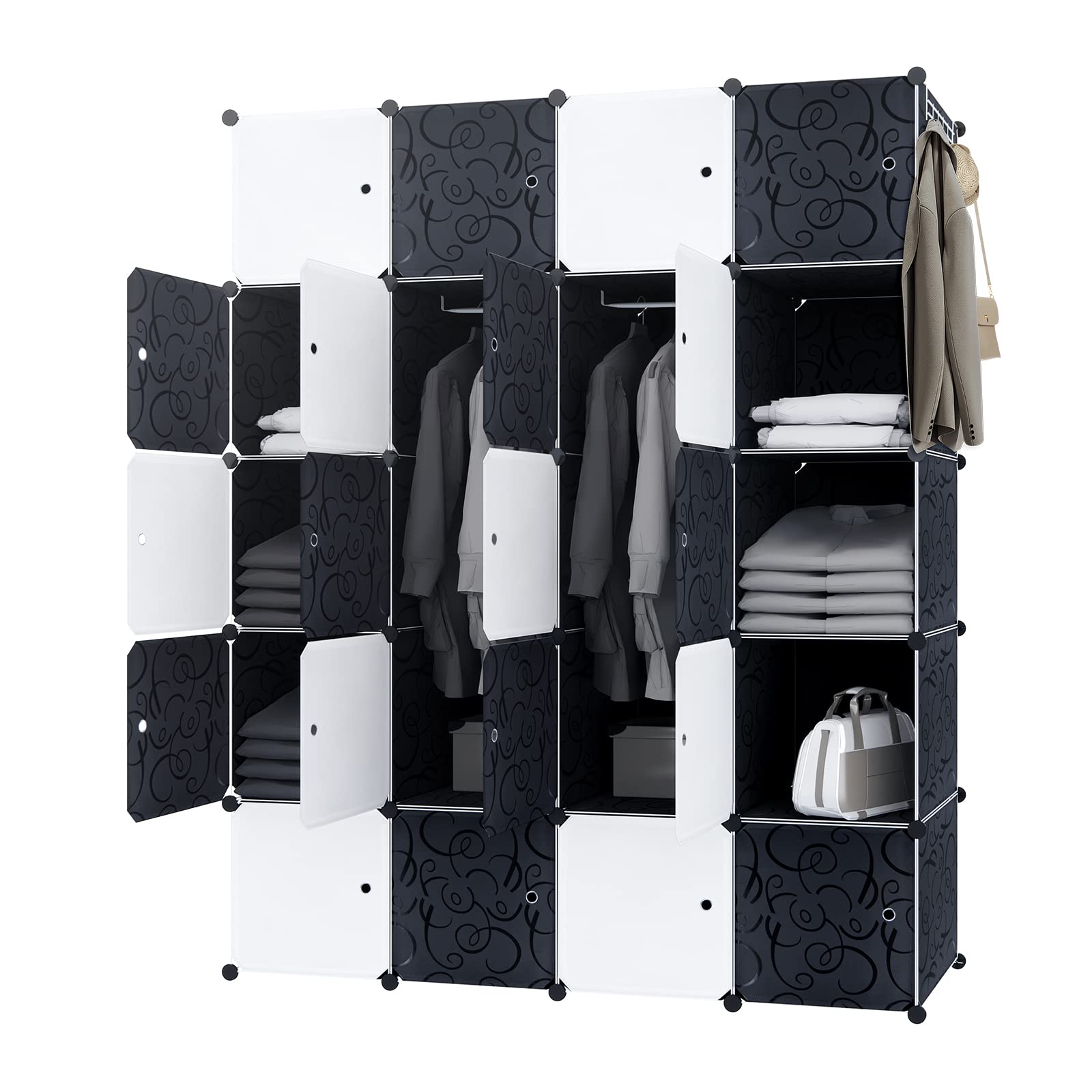 NAIZY Kleiderschrank Schwarz Weiß DIY Regalsystem aus Kunststoff Garderobenschrank Steckregal Steckregalsystem mit Tür Kunststoffschrank (20 Würfeln, mit 2 Kleiderstange)
