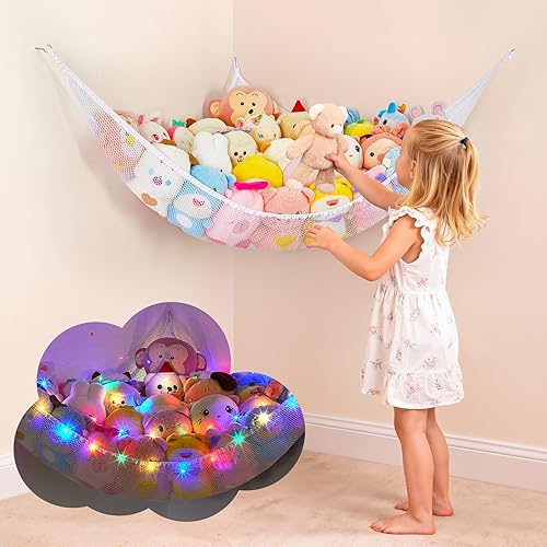 Miniatura 11 de Basumee Red de animales de peluche o hamaca con luz LED, hamaca de red de juguetes para almacenamiento de animales de peluche, hamacas para cuarto