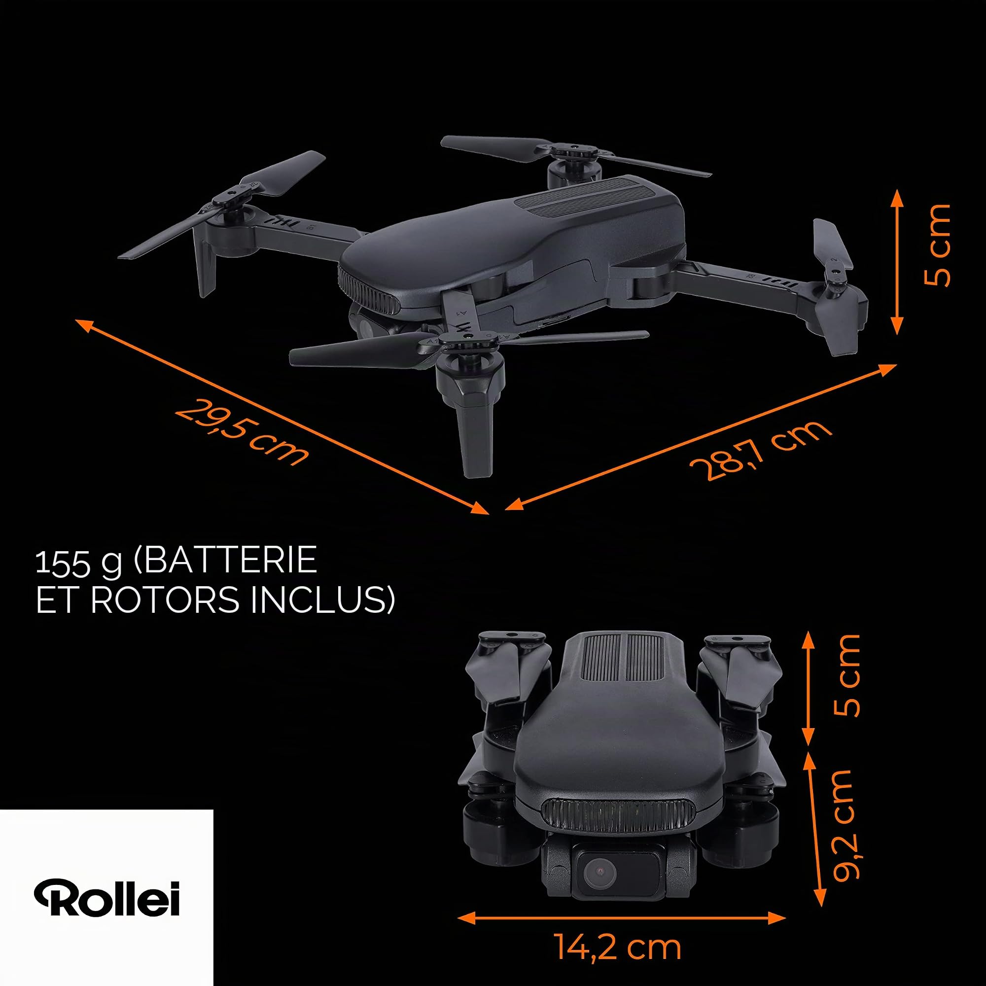 Rollei Drone combiné Fly 80, transmission d'image WiFi en direct, gyroscope 6 axes, caméra Full HD, longue durée de vol, contrôle par application et télécommande