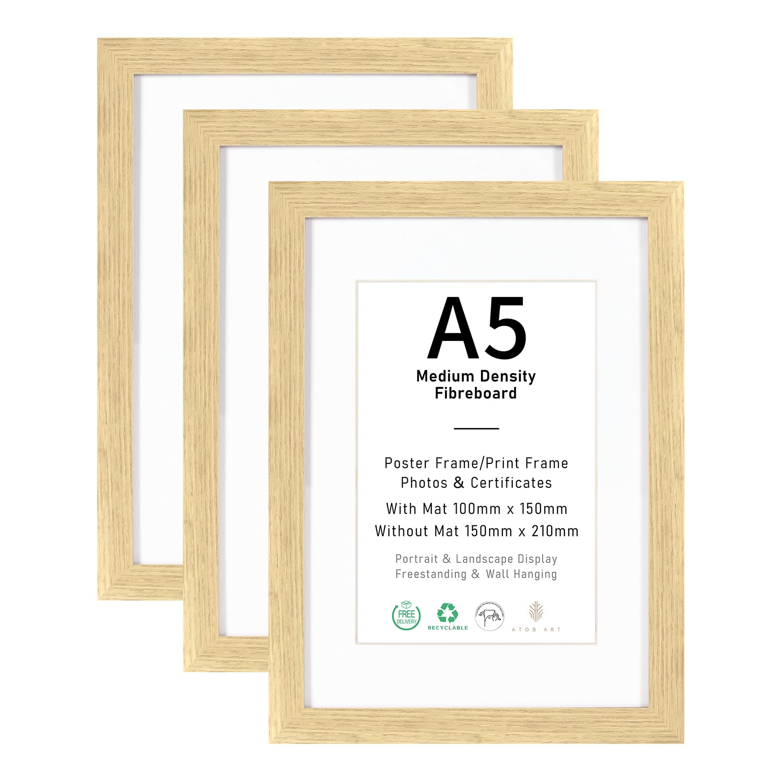 A5/15x21 Picture Frame Set of 3, Display 10x15cm with Mat Images, Natural Wood Color Photo Frames for Wall Mounting or Table Top Display