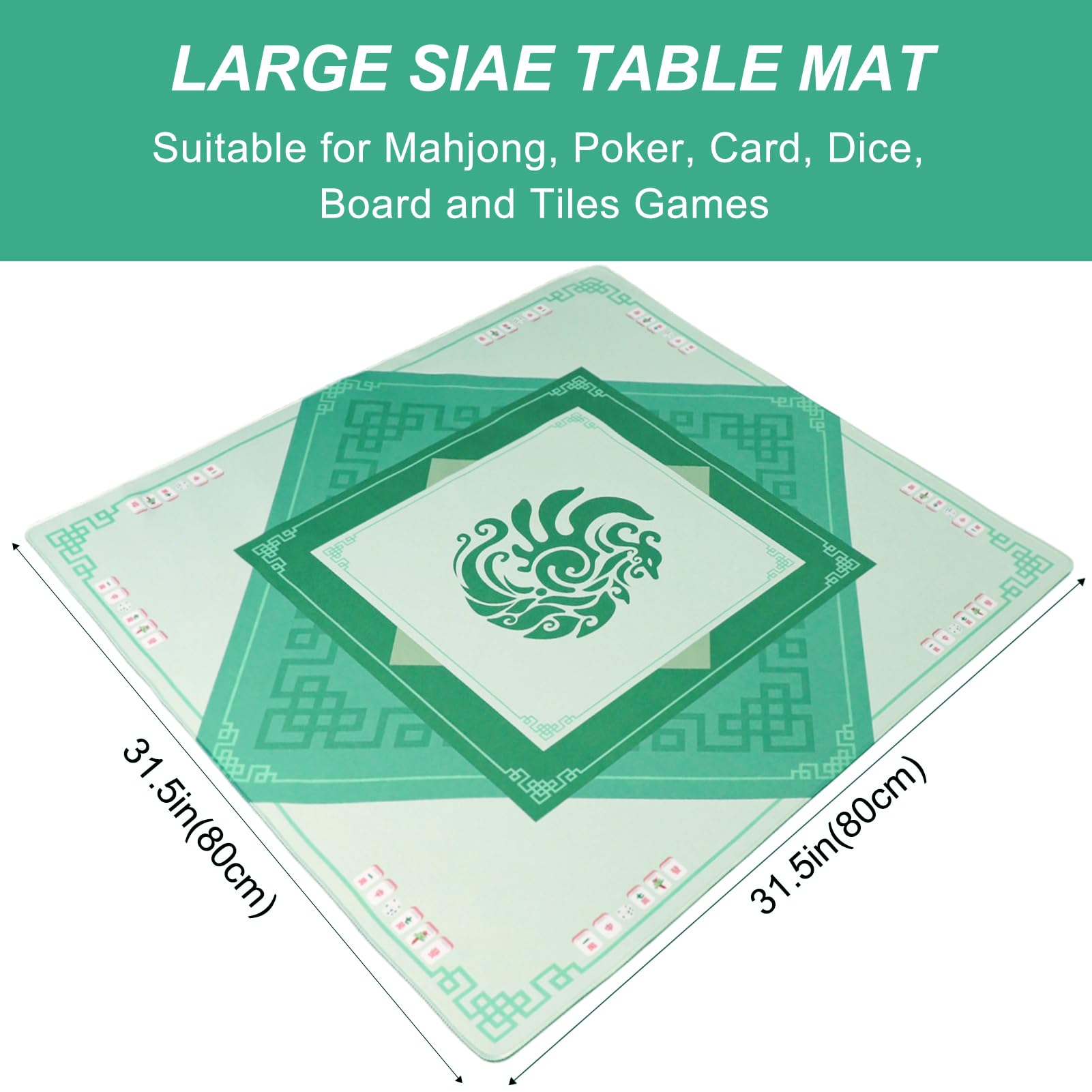 GUSTARIA Mahjong Mat with 3 Dice, Noise Reduction Rubber Table Cover for Mahjong, Poker, Card, Board & Tile Games (Green, 31.5 inches)