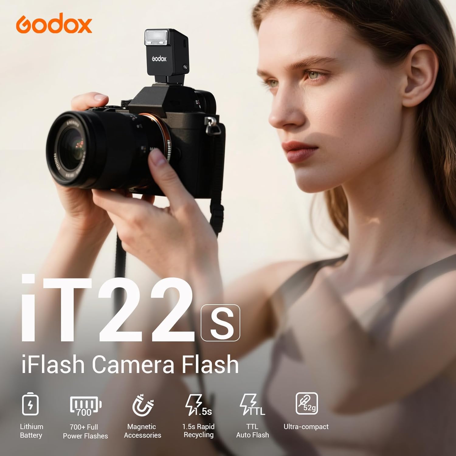 Godox iT22-S Mini TTL Black Camera Flash for Sony Camera - Upgraded from iM22, New TTL Mode & Magnetic Accessories, 52g Weight, 700+ Flashes, 1.5s Recycling, USB-C Charging