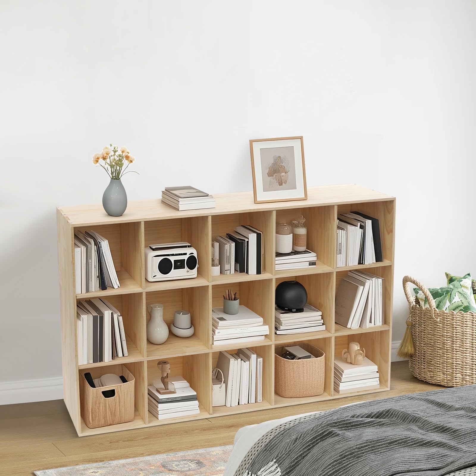 Regał stojący z 15 półkami, 3-poziomowy regał kostkowy z litego drewna (150 cm)